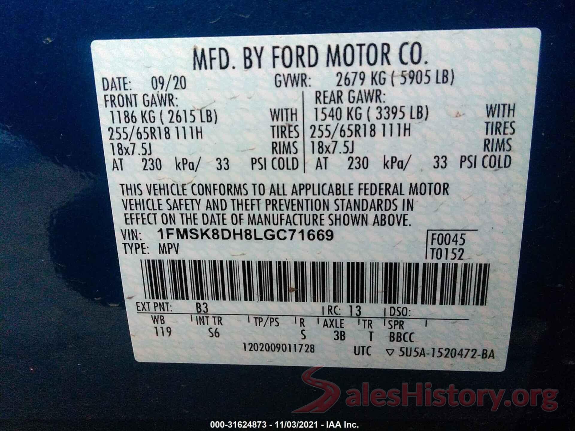 1FMSK8DH8LGC71669 2020 FORD EXPLORER