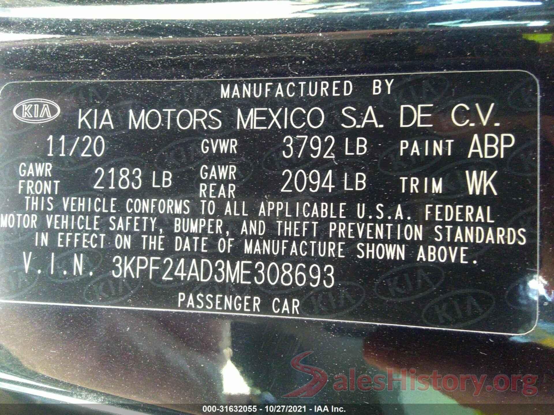 3KPF24AD3ME308693 2021 KIA FORTE