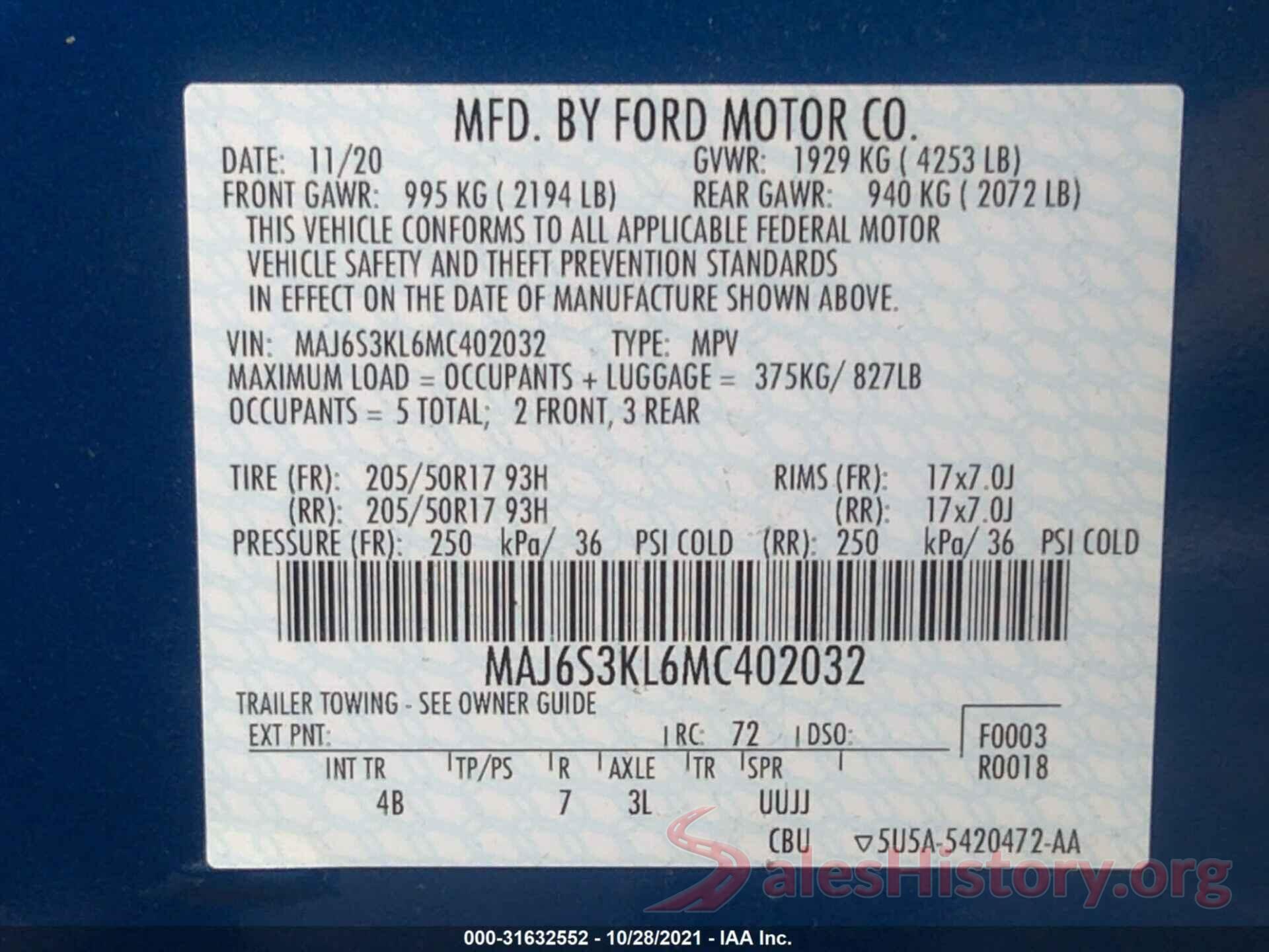 MAJ6S3KL6MC402032 2021 FORD ECOSPORT