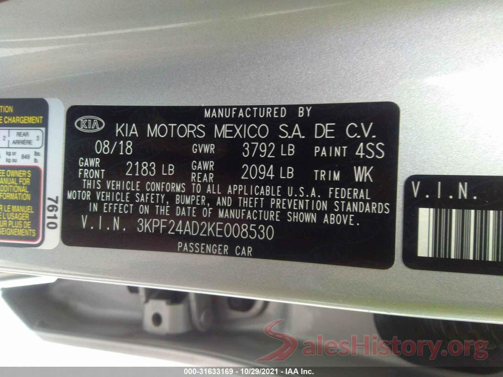 3KPF24AD2KE008530 2019 KIA FORTE