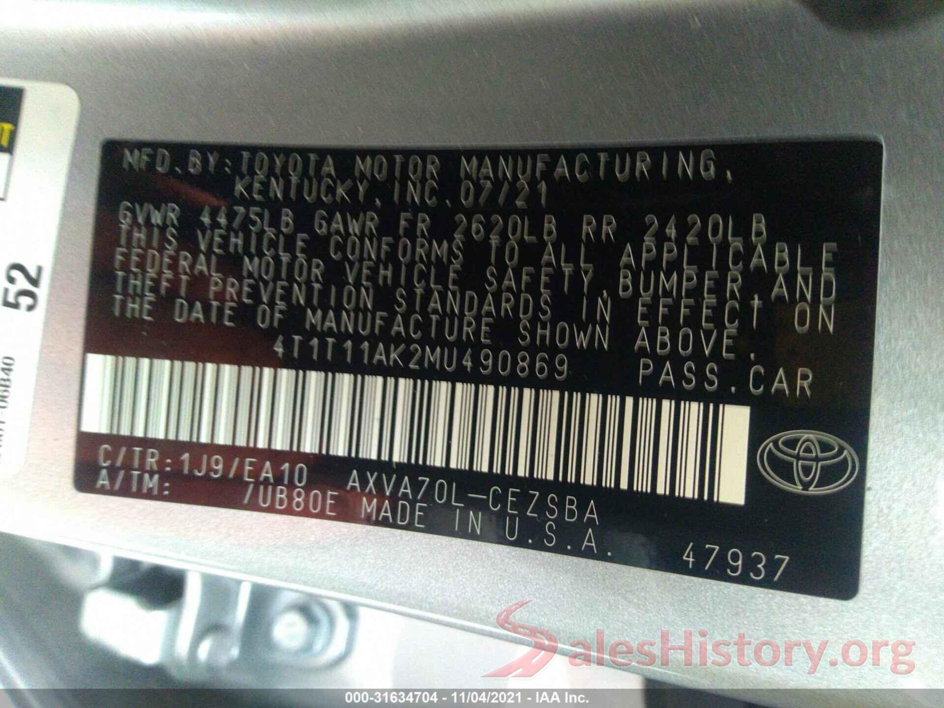 4T1T11AK2MU490869 2021 TOYOTA CAMRY