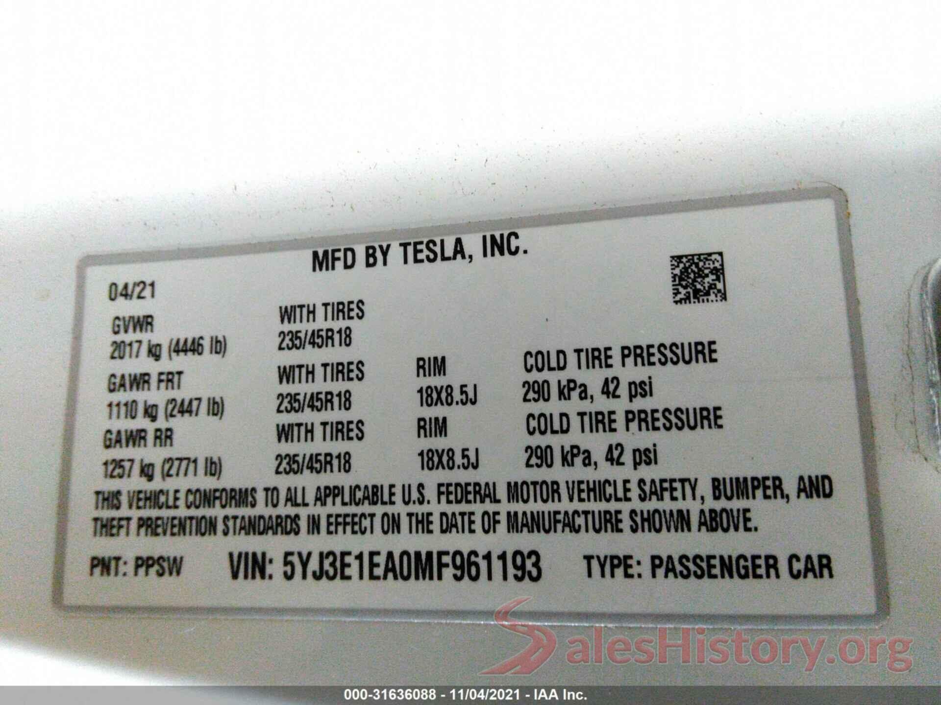 5YJ3E1EA0MF961193 2021 TESLA MODEL 3