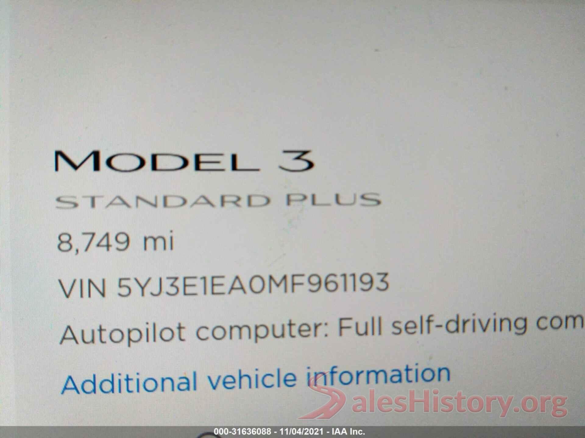 5YJ3E1EA0MF961193 2021 TESLA MODEL 3