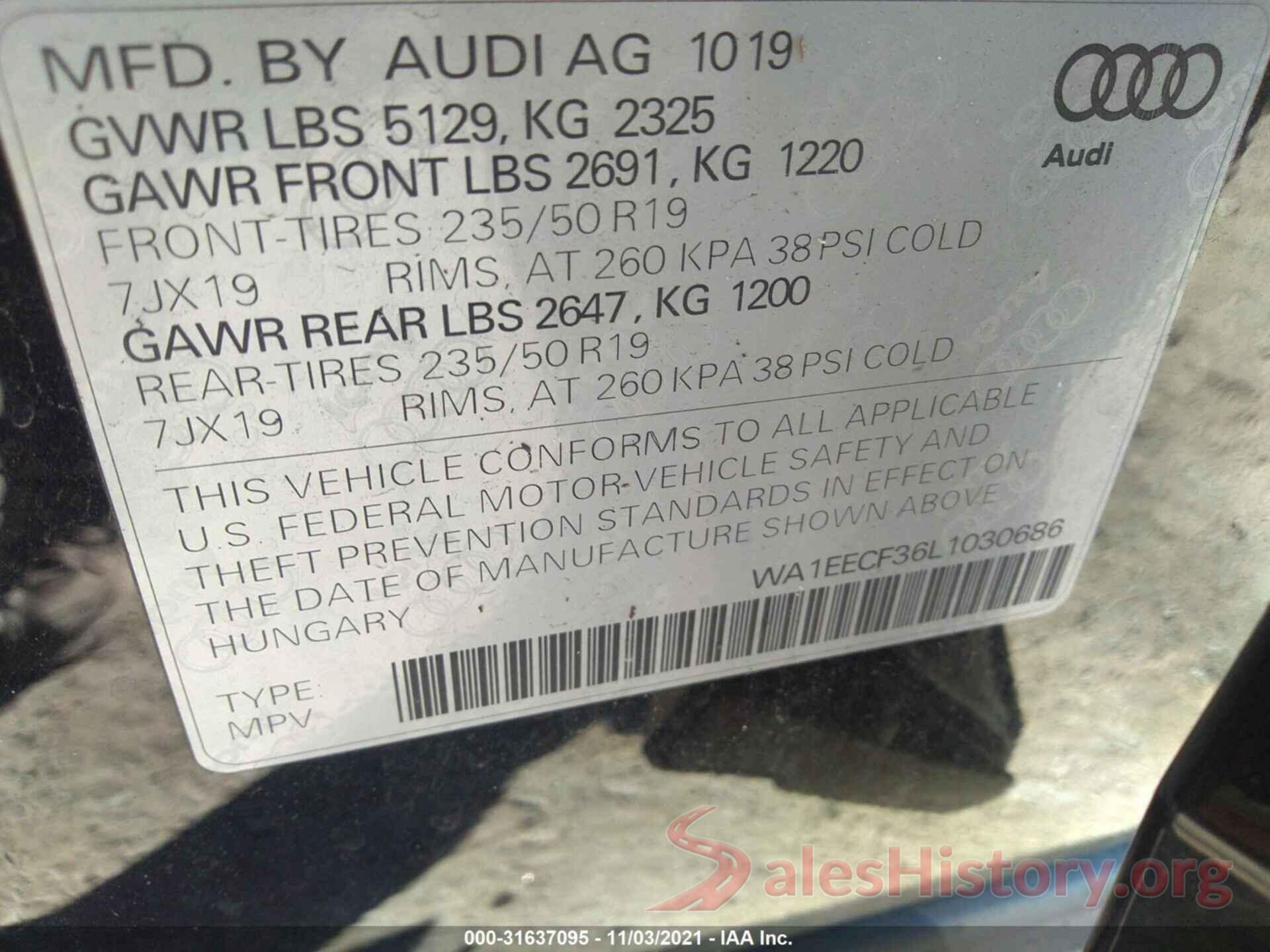 WA1EECF36L1030686 2020 AUDI Q3