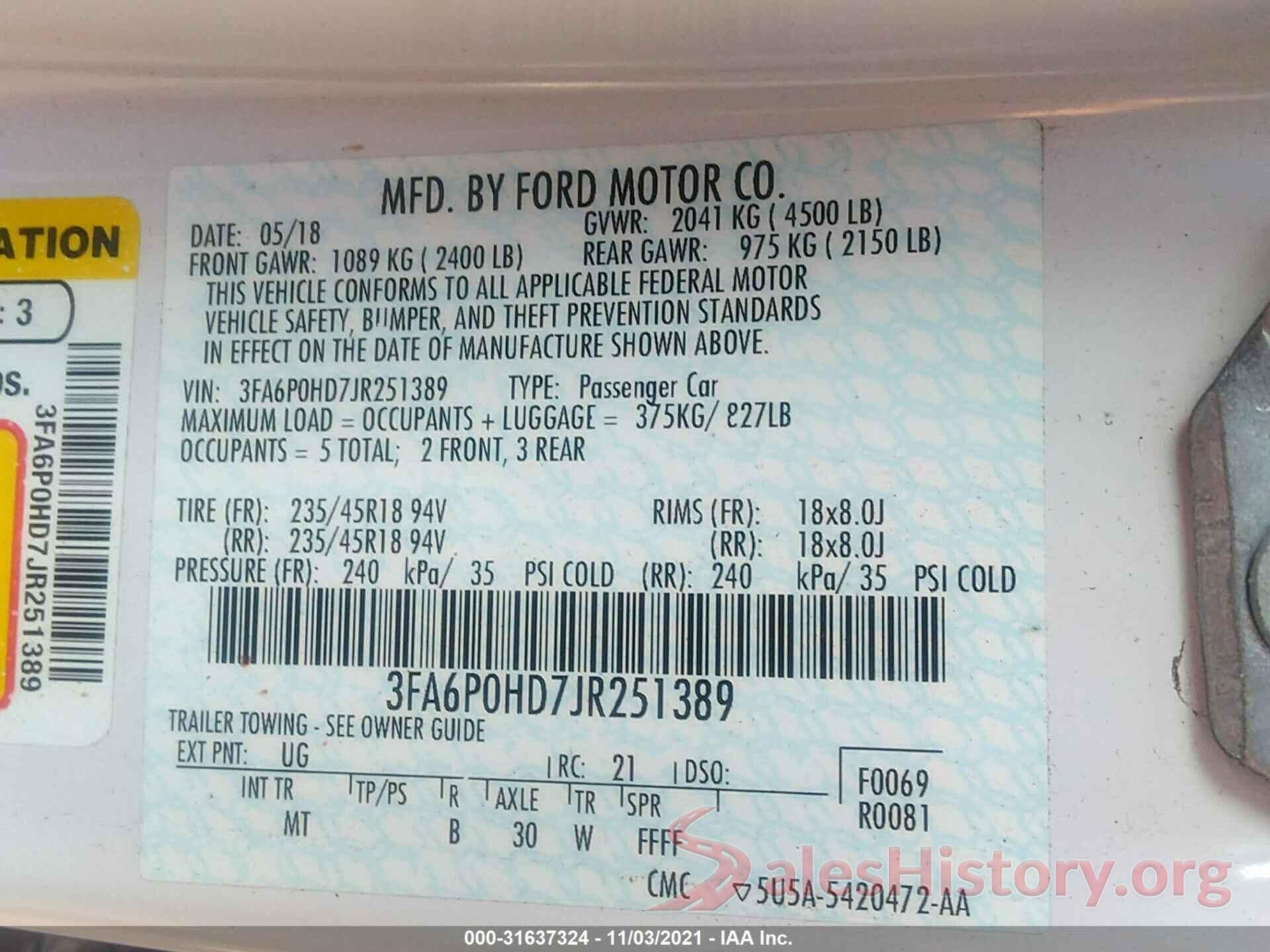 3FA6P0HD7JR251389 2018 FORD FUSION