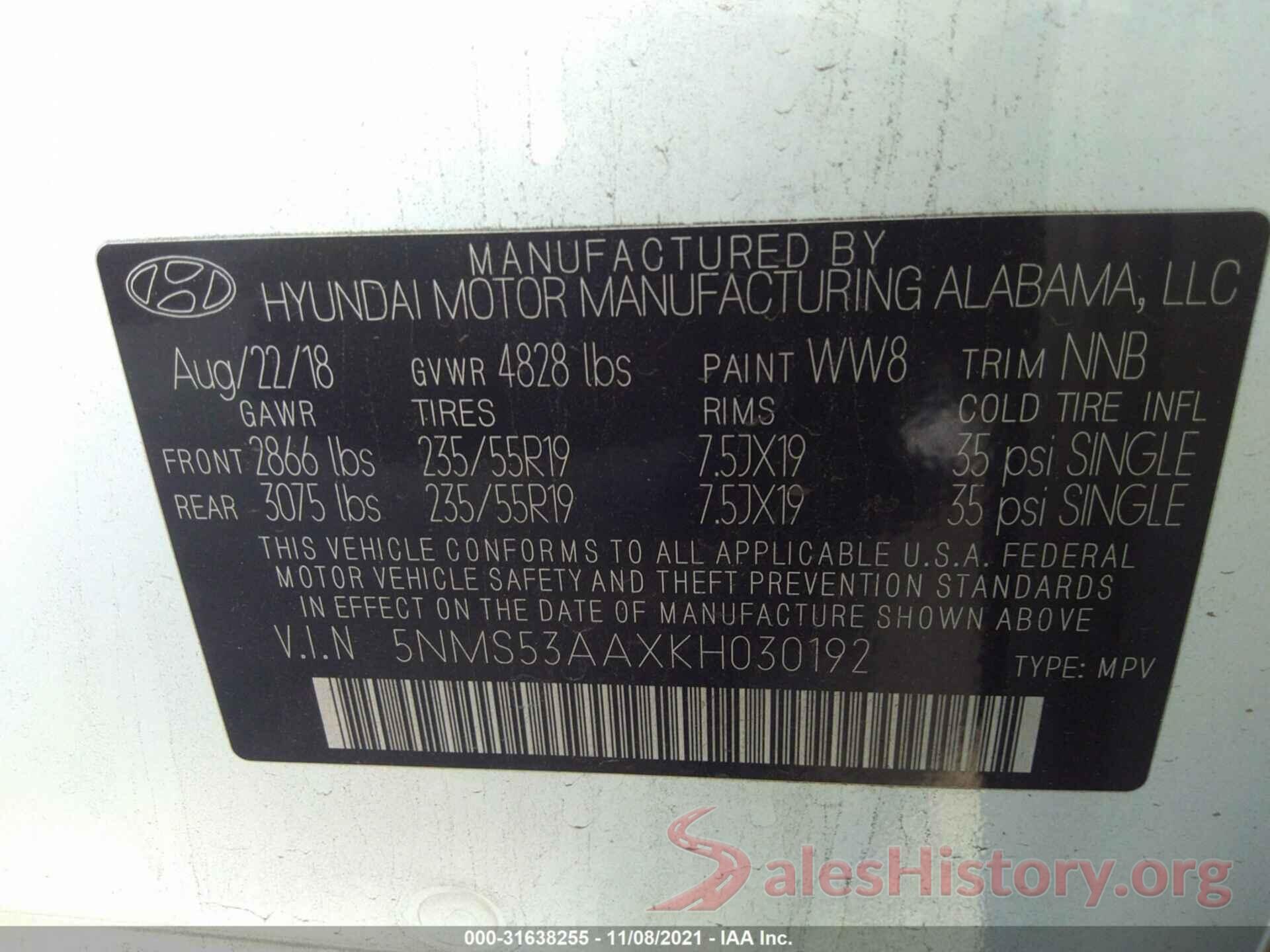 5NMS53AAXKH030192 2019 HYUNDAI SANTA FE