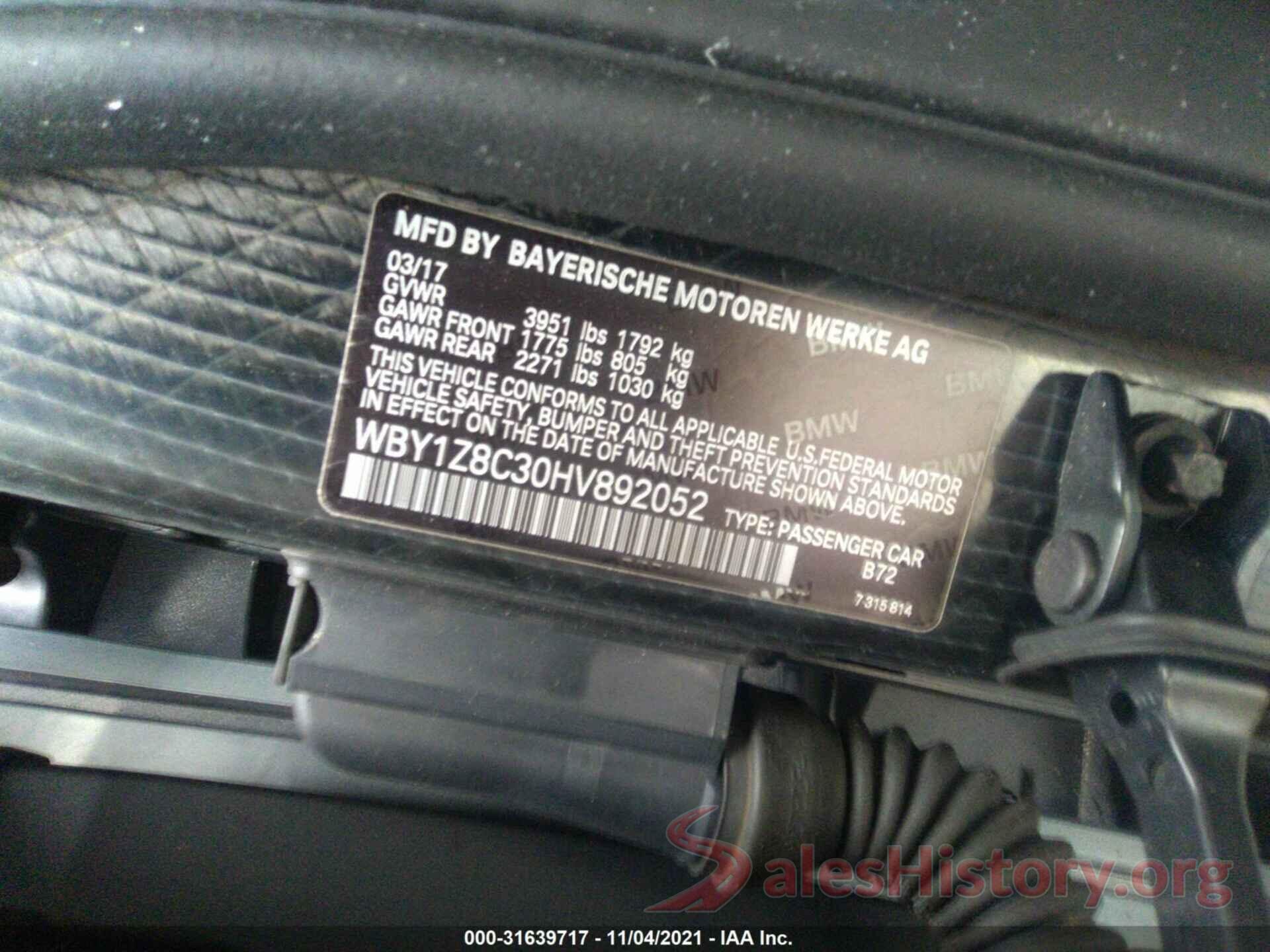 WBY1Z8C30HV892052 2017 BMW I3