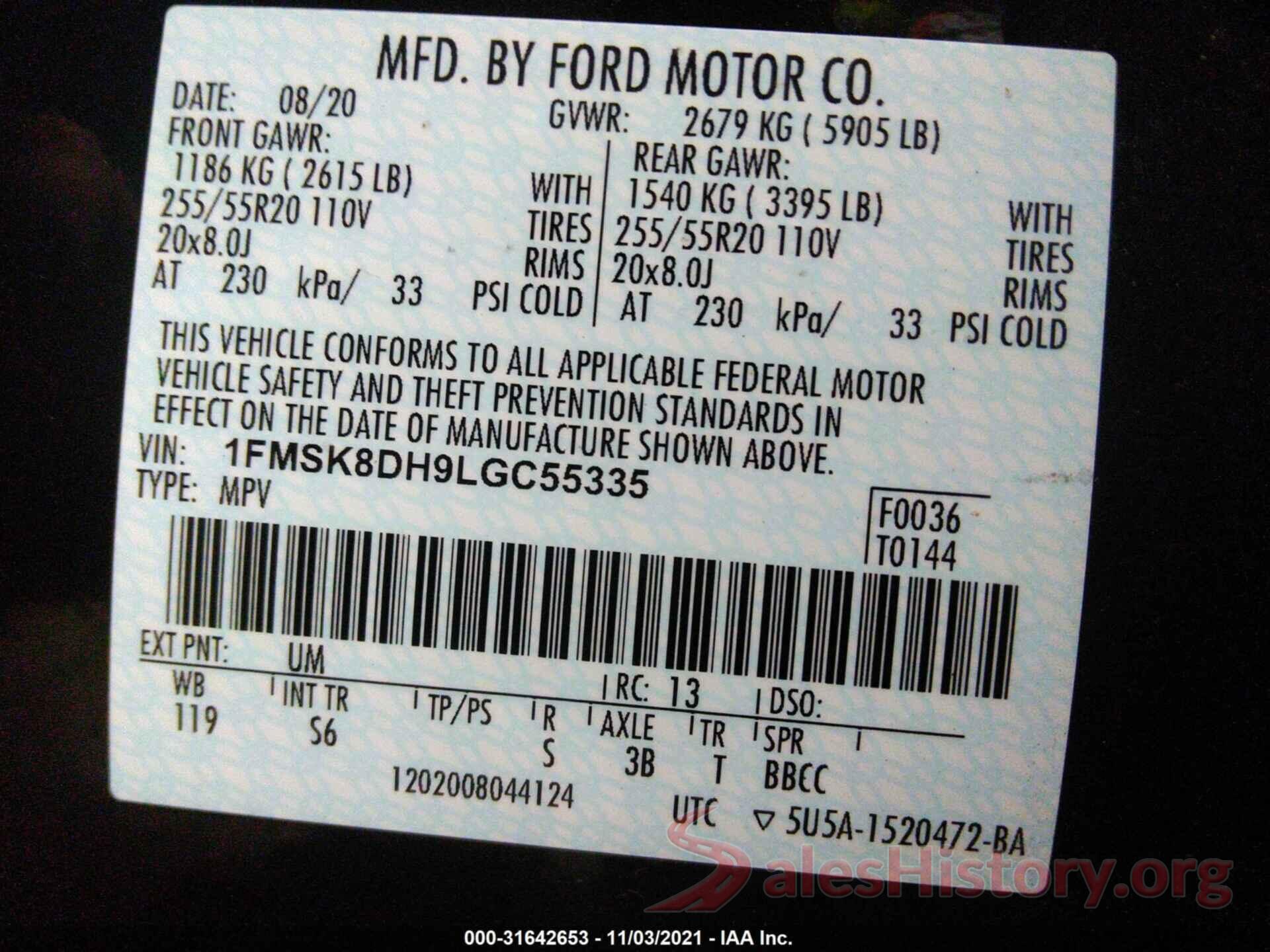 1FMSK8DH9LGC55335 2020 FORD EXPLORER