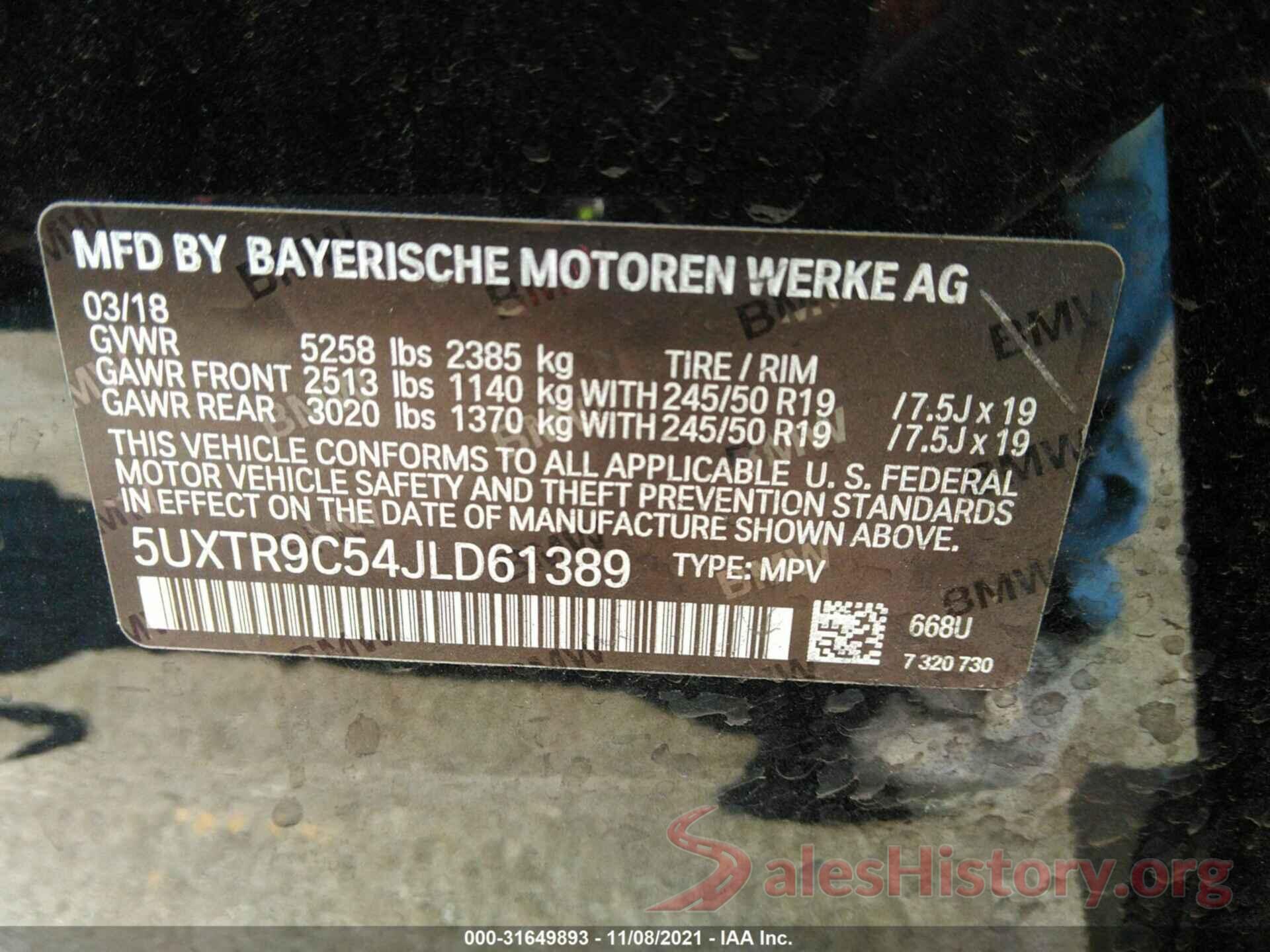 5UXTR9C54JLD61389 2018 BMW X3