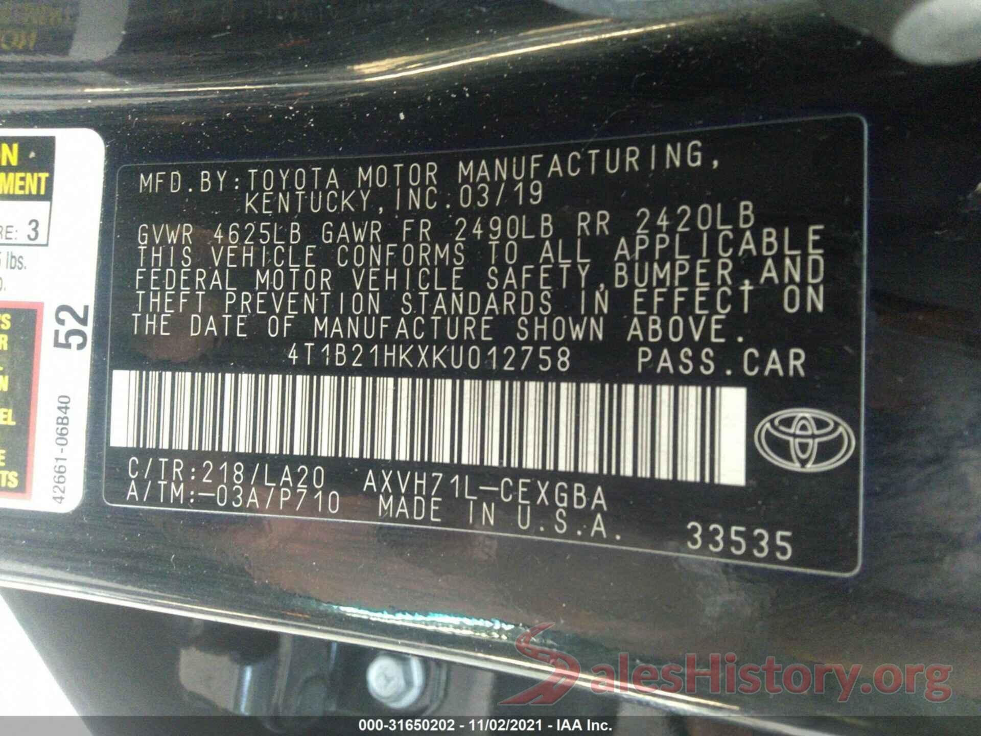 4T1B21HKXKU012758 2019 TOYOTA CAMRY