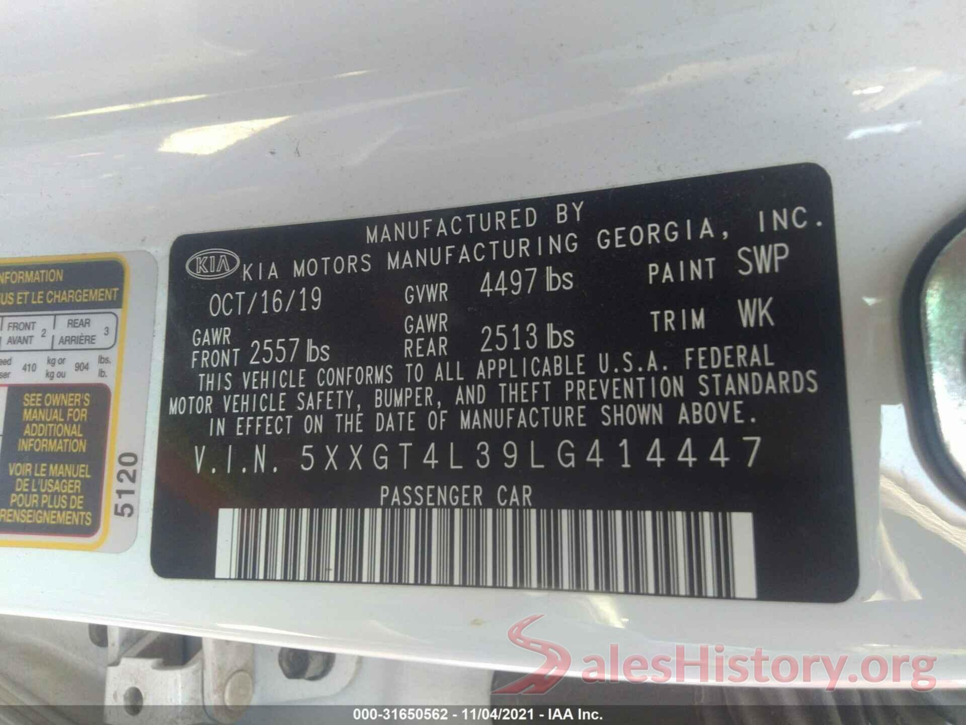 5XXGT4L39LG414447 2020 KIA OPTIMA