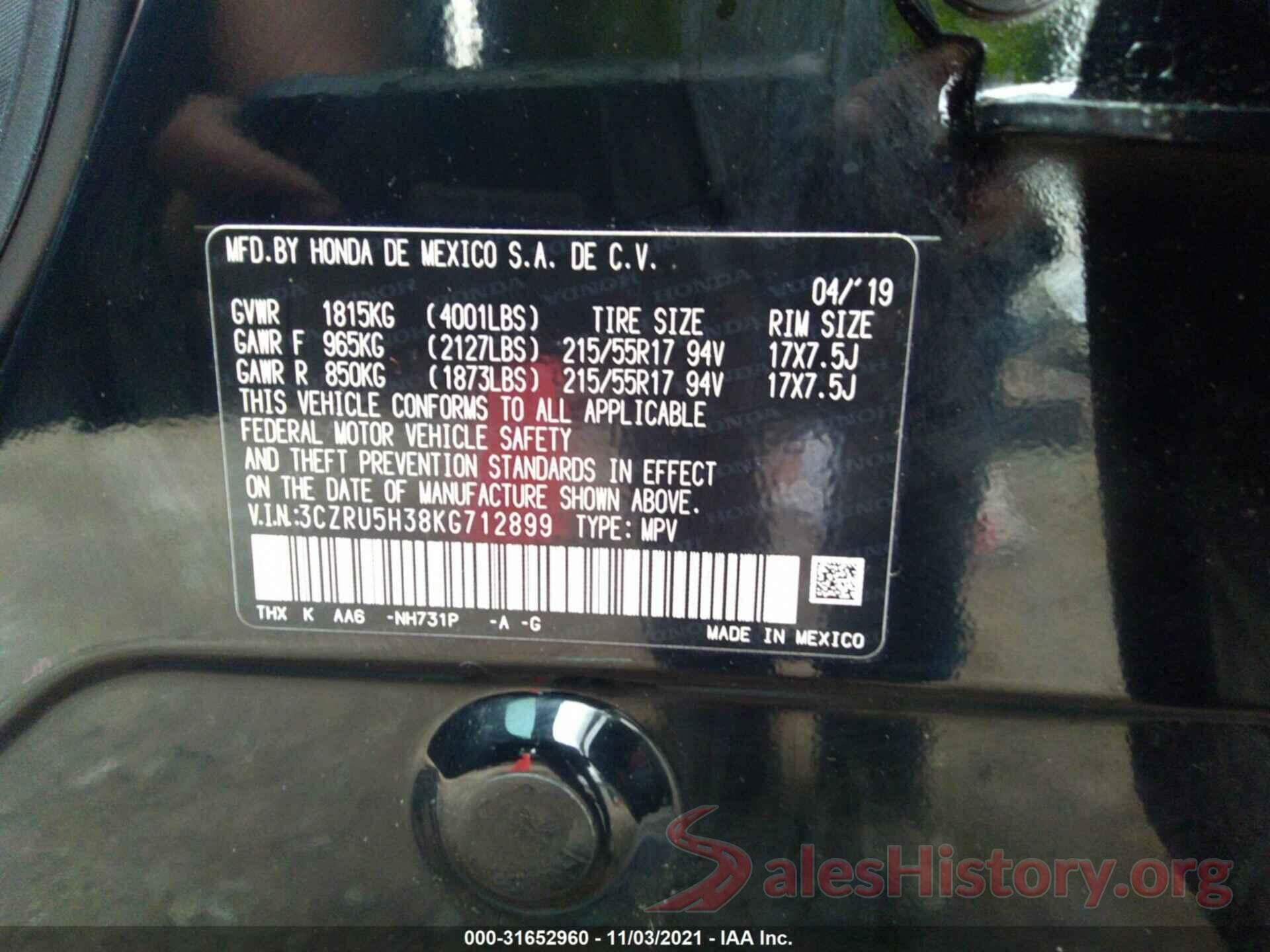 3CZRU5H38KG712899 2019 HONDA HR-V