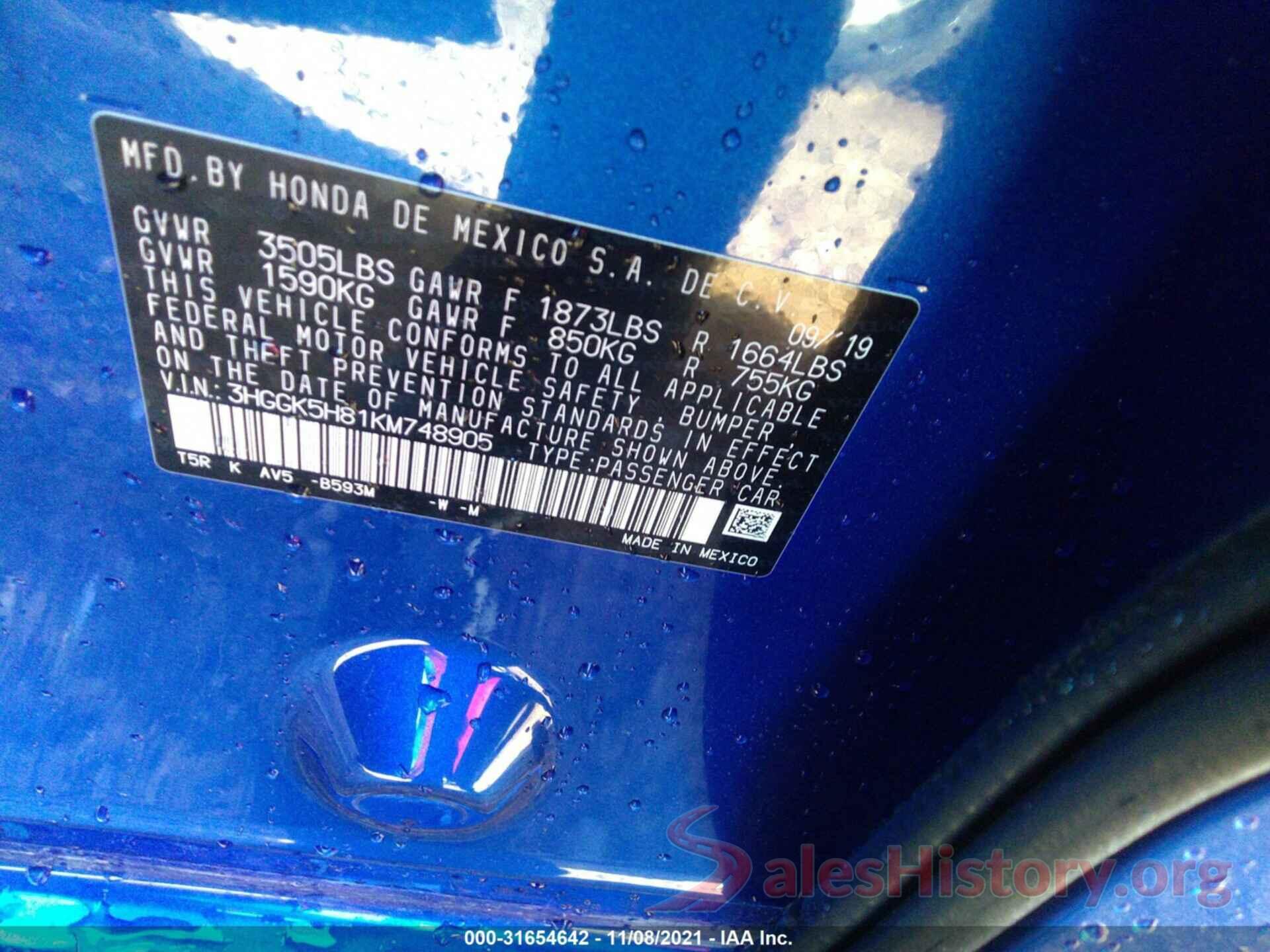 3HGGK5H81KM748905 2019 HONDA FIT