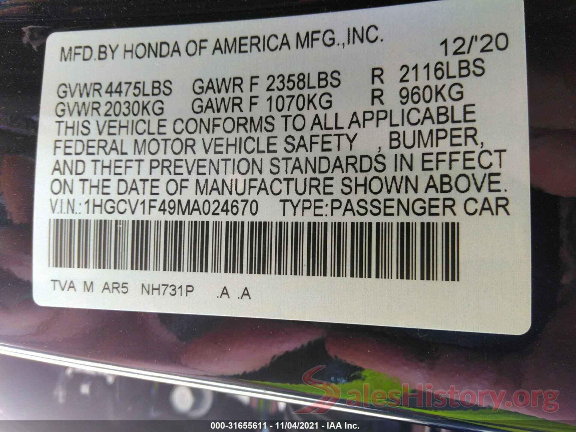 1HGCV1F49MA024670 2021 HONDA ACCORD SEDAN