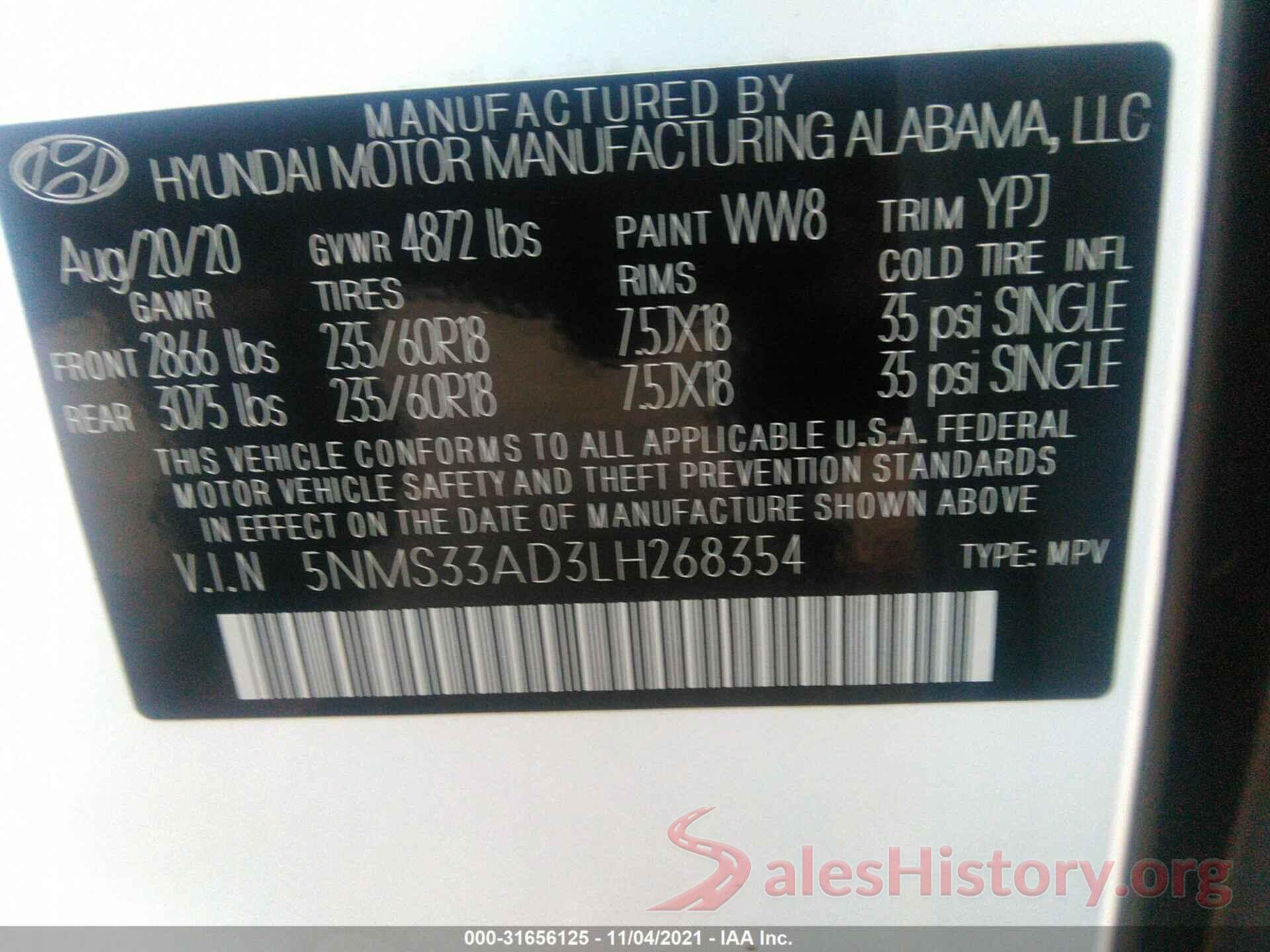 5NMS33AD3LH268354 2020 HYUNDAI SANTA FE