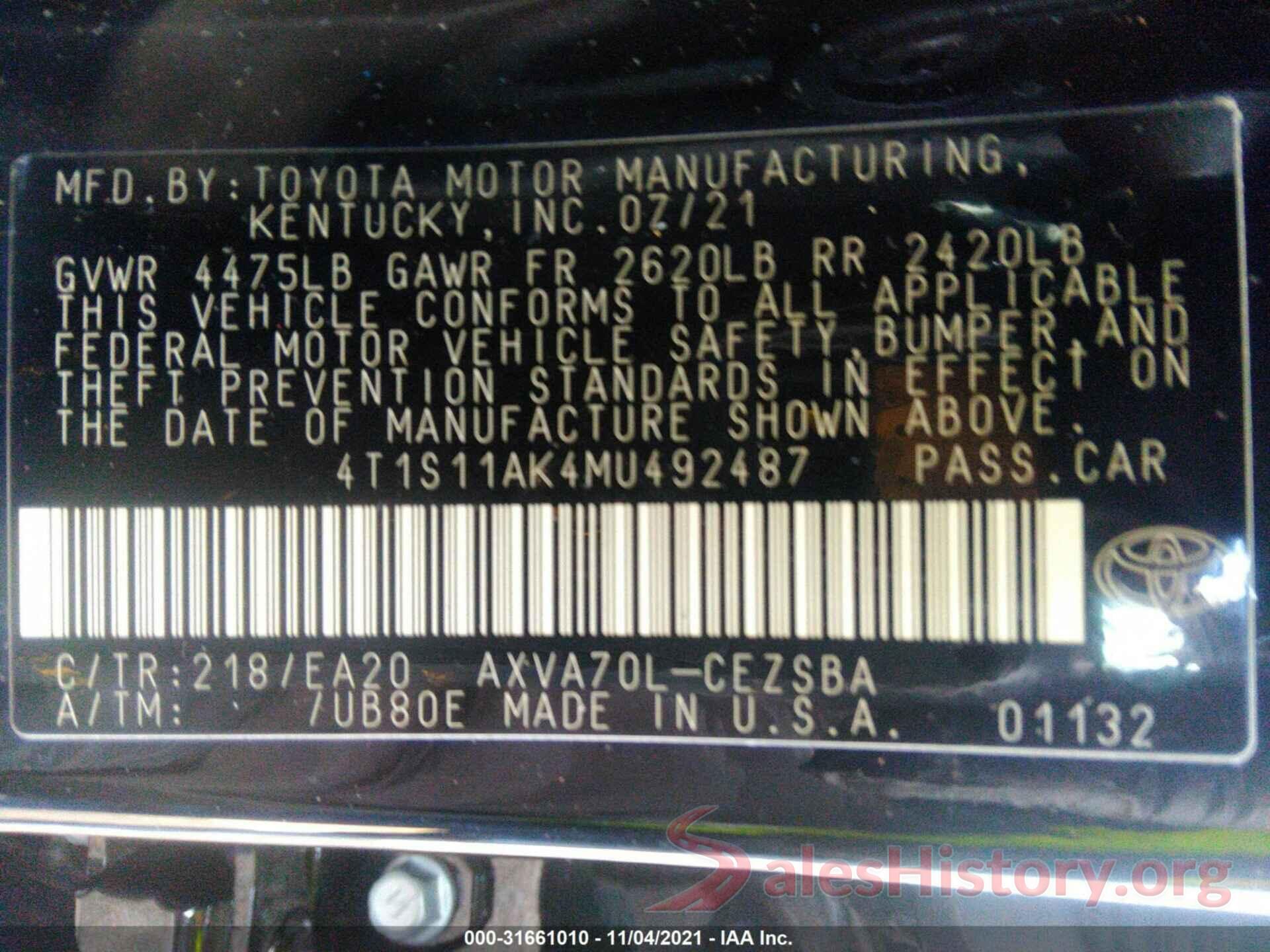 4T1S11AK4MU492487 2021 TOYOTA CAMRY