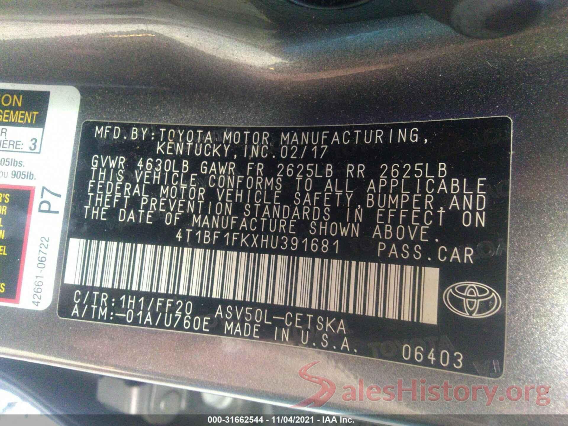 4T1BF1FKXHU391681 2017 TOYOTA CAMRY