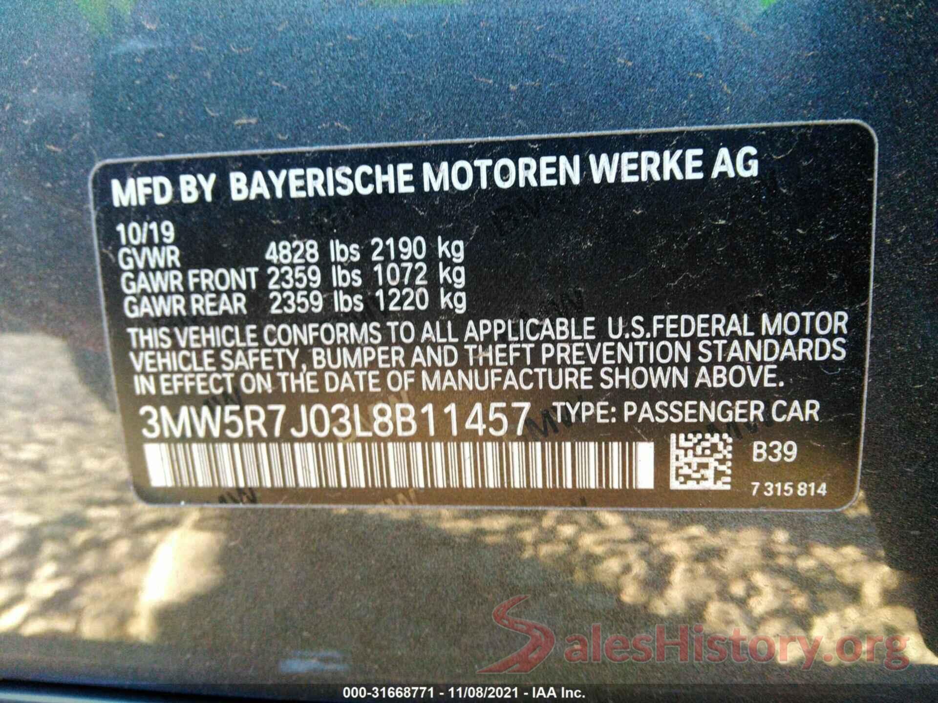 3MW5R7J03L8B11457 2020 BMW 3 SERIES