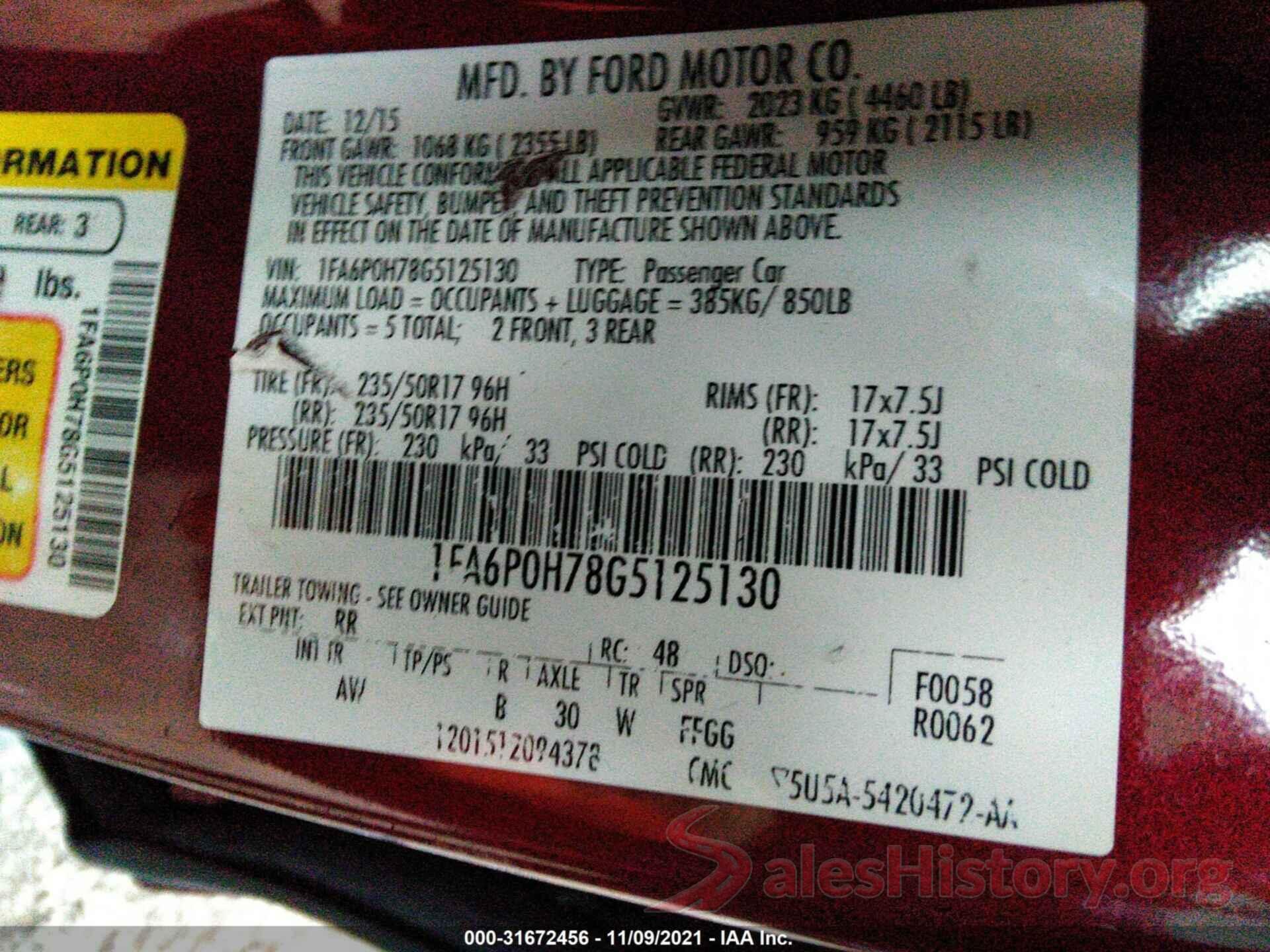 1FA6P0H78G5125130 2016 FORD FUSION