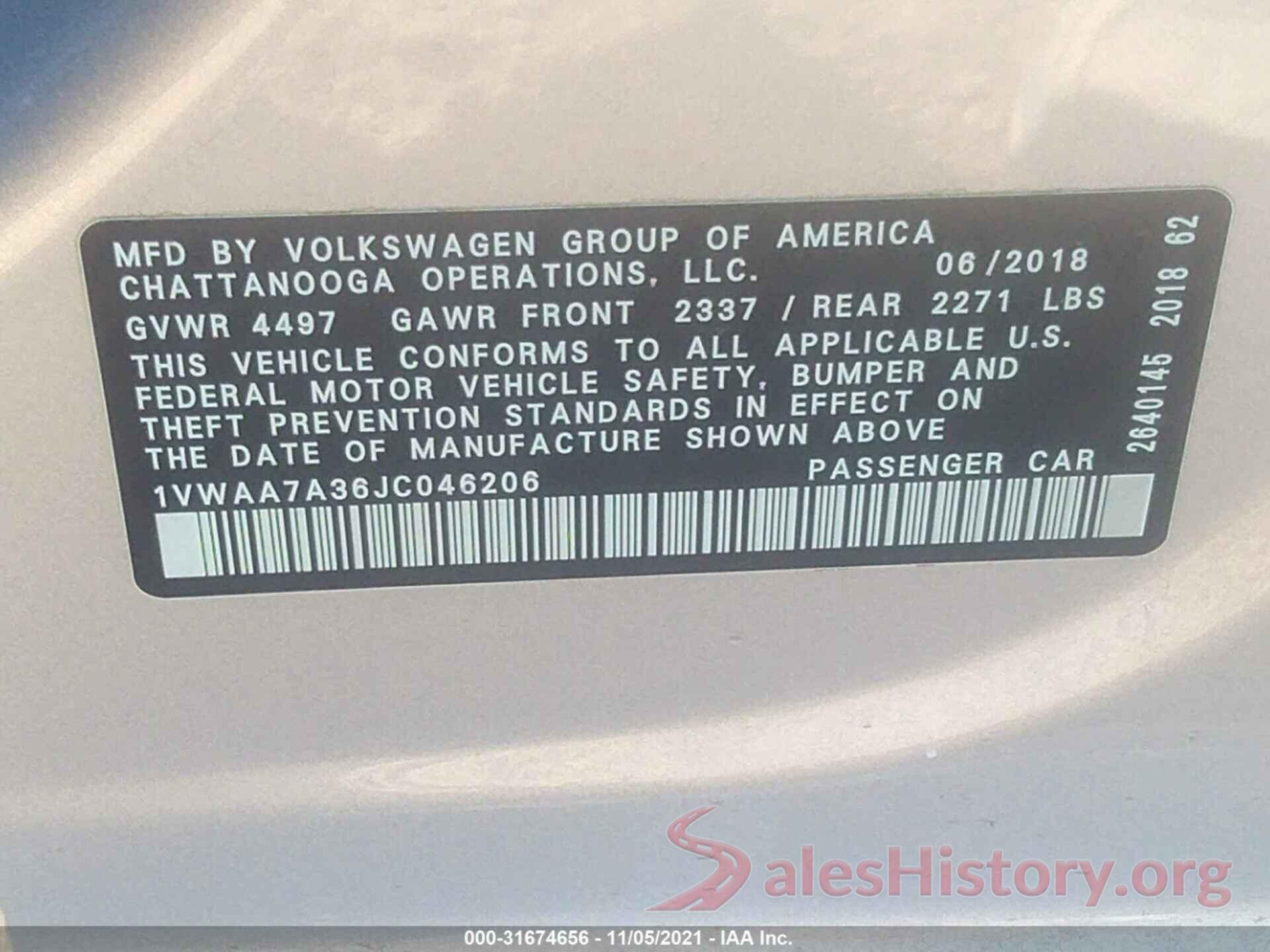 1VWAA7A36JC046206 2018 VOLKSWAGEN PASSAT