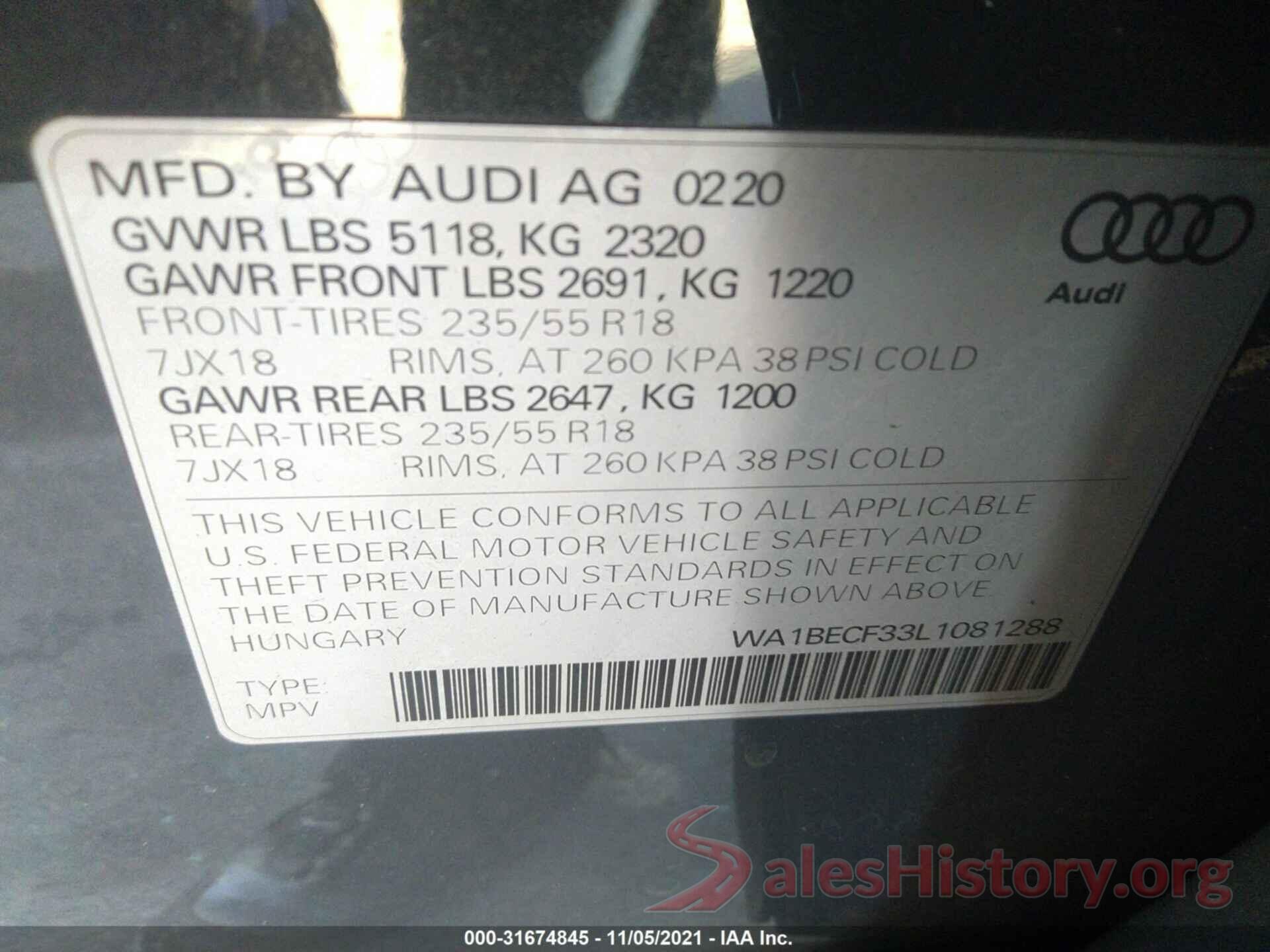 WA1BECF33L1081288 2020 AUDI Q3