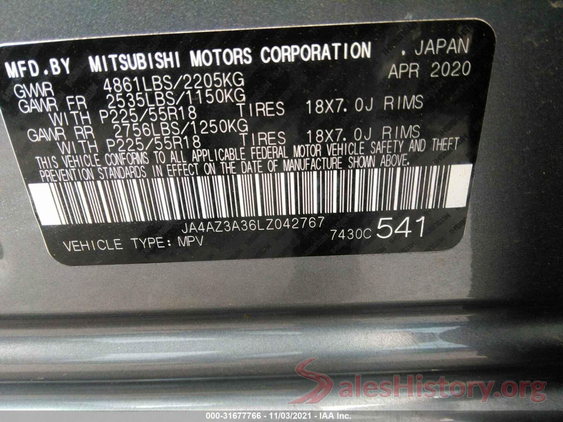 JA4AZ3A36LZ042767 2020 MITSUBISHI OUTLANDER