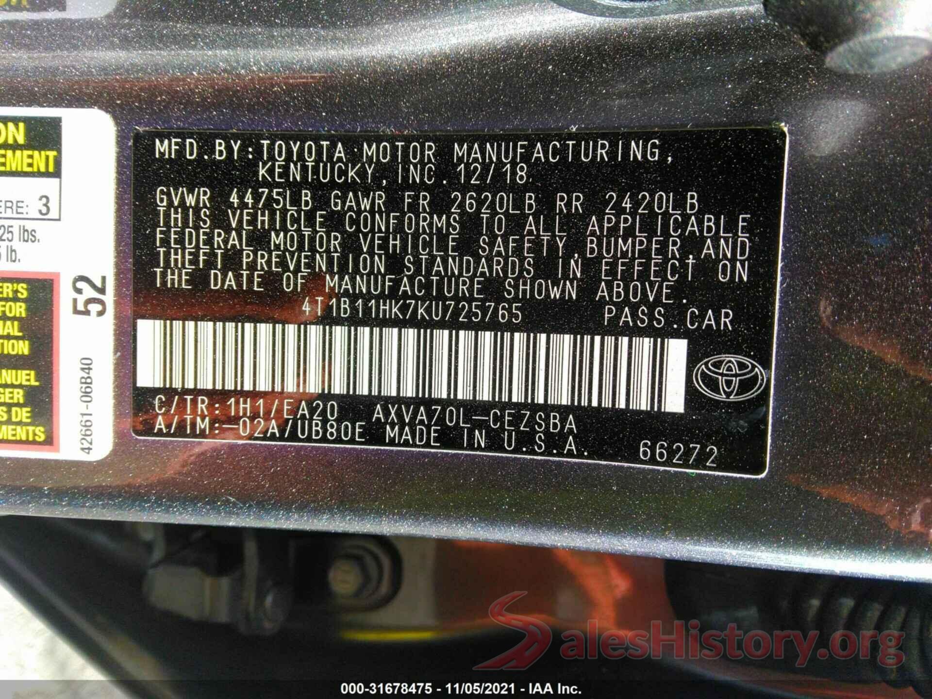 4T1B11HK7KU725765 2019 TOYOTA CAMRY