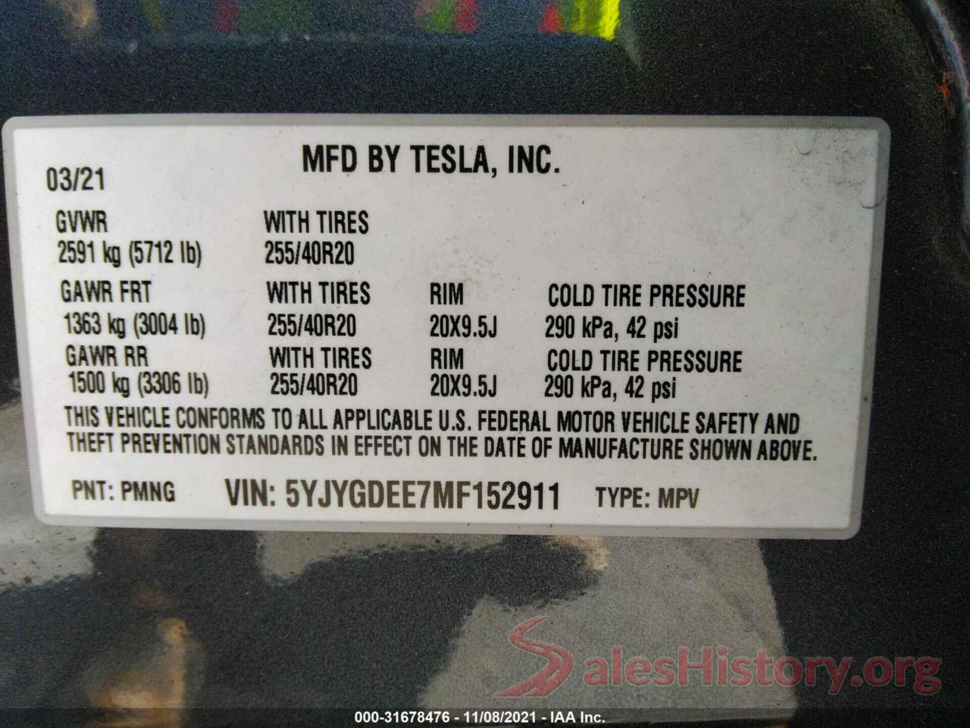 5YJYGDEE7MF152911 2021 TESLA MODEL Y