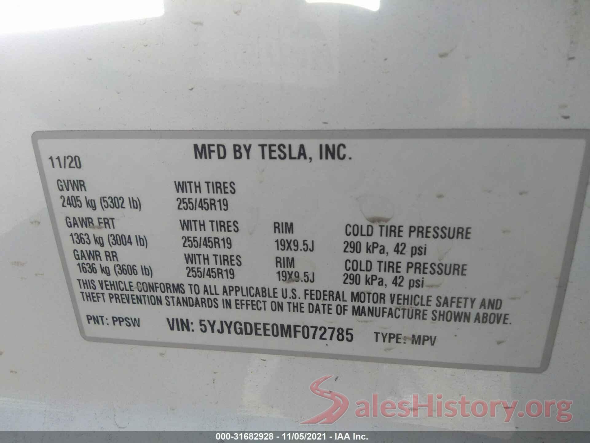 5YJYGDEE0MF072785 2021 TESLA MODEL Y