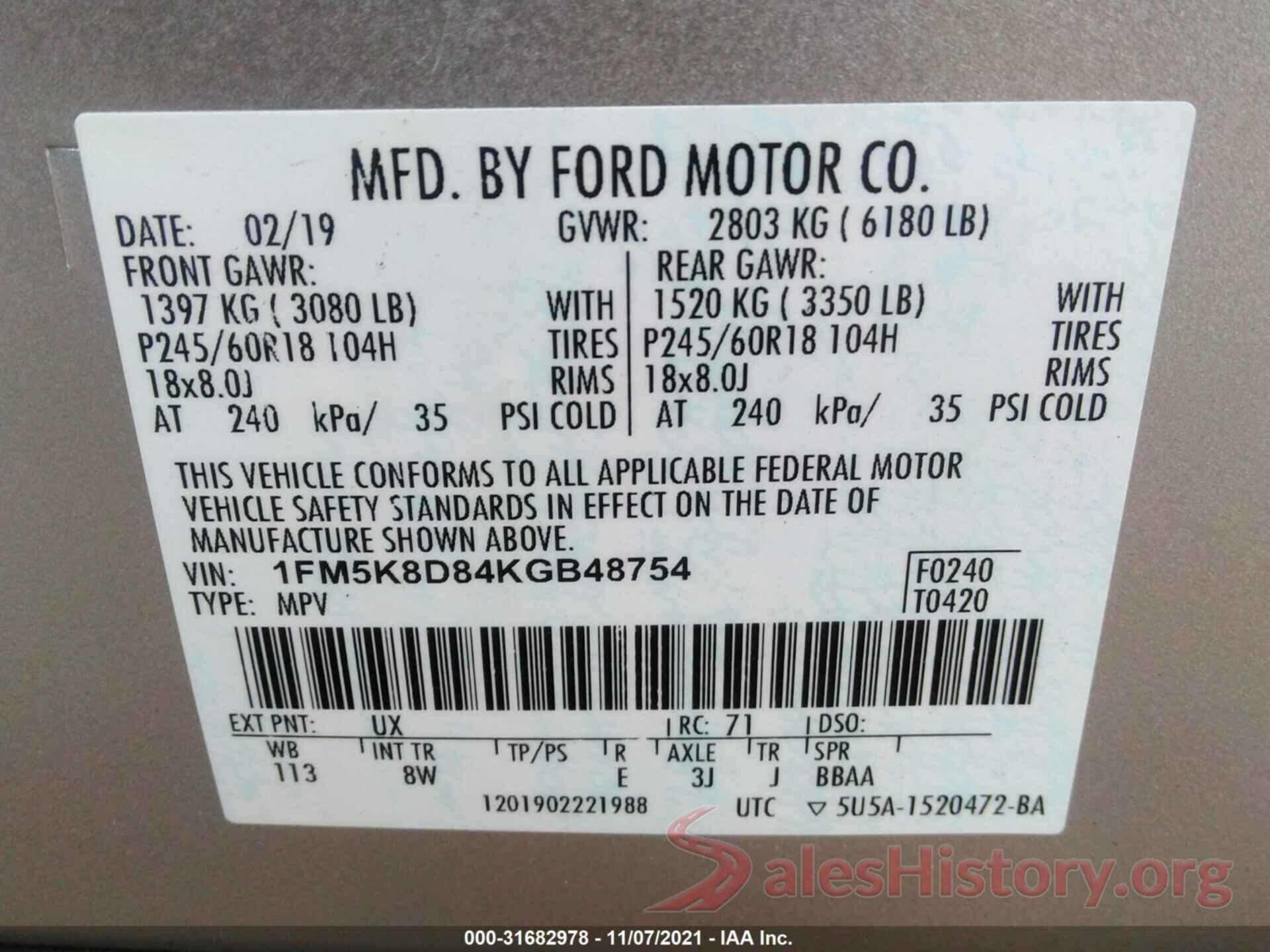 1FM5K8D84KGB48754 2019 FORD EXPLORER