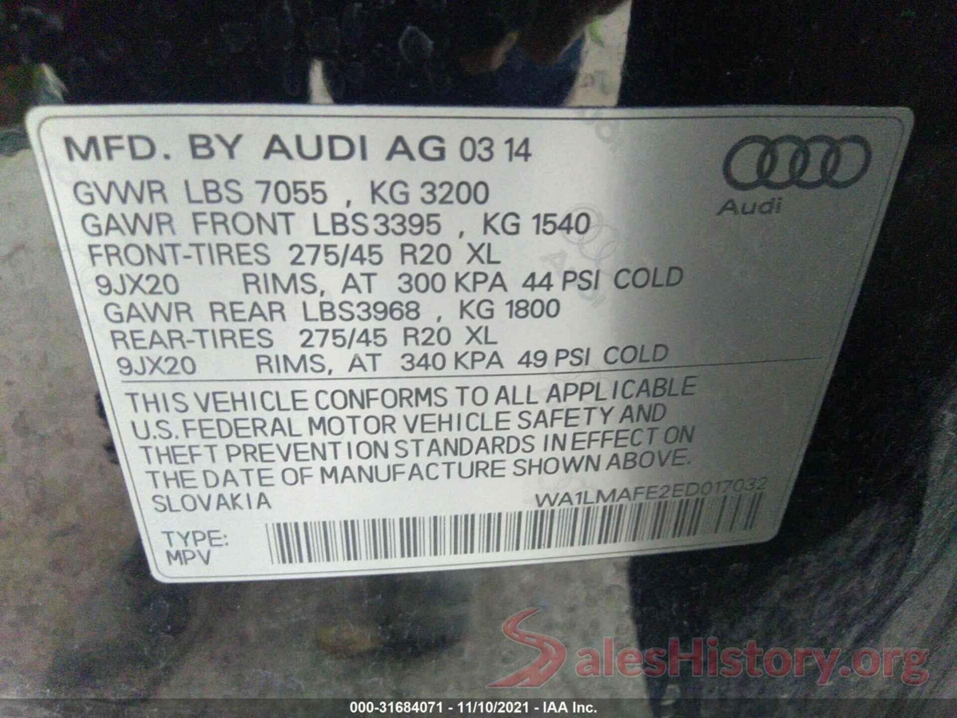 WA1LMAFE2ED017032 2014 AUDI Q7