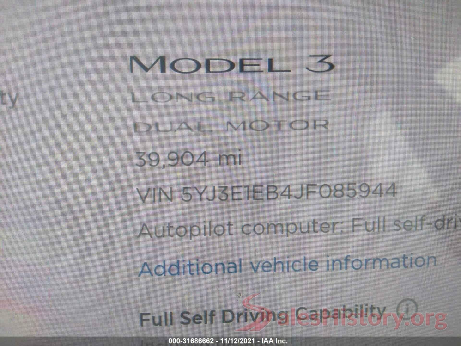 5YJ3E1EB4JF085944 2018 TESLA MODEL 3