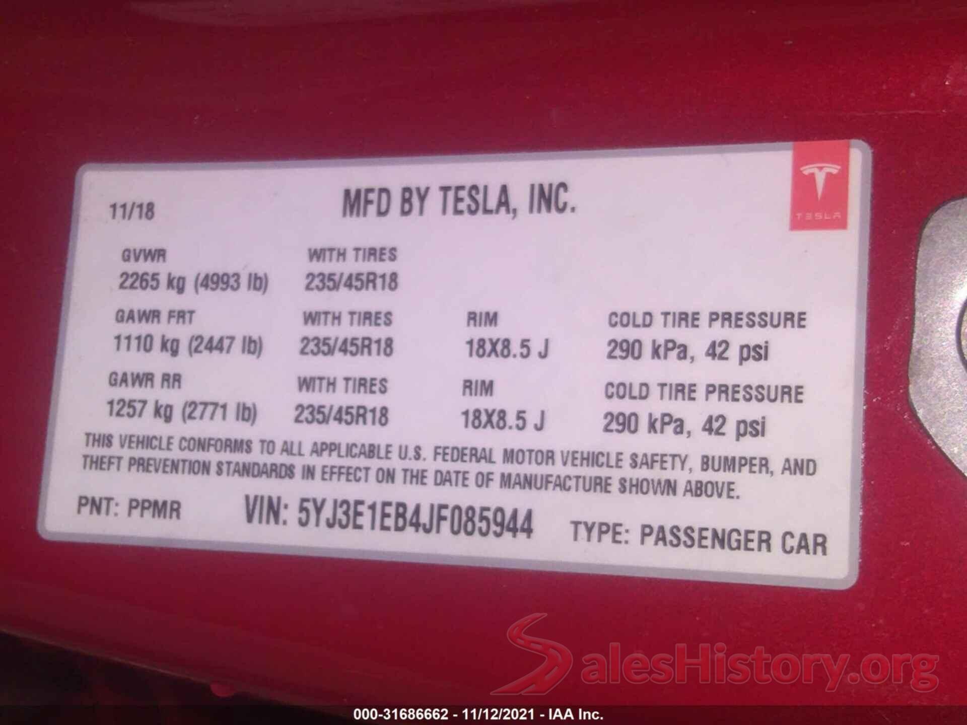 5YJ3E1EB4JF085944 2018 TESLA MODEL 3