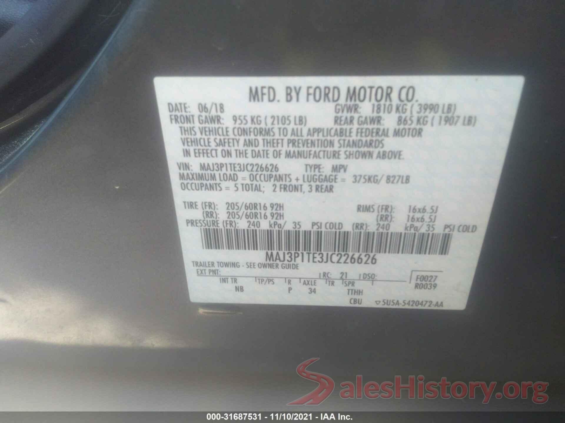 MAJ3P1TE3JC226626 2018 FORD ECOSPORT