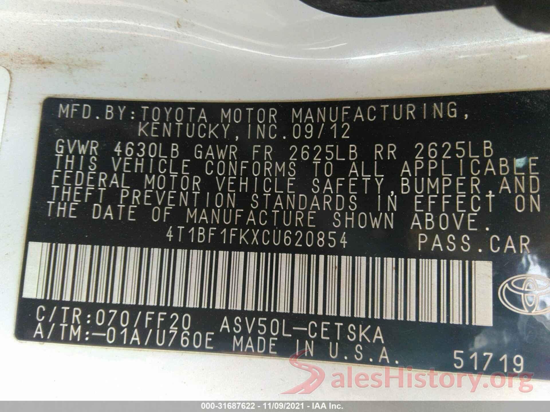 4T1BF1FKXCU620854 2012 TOYOTA CAMRY