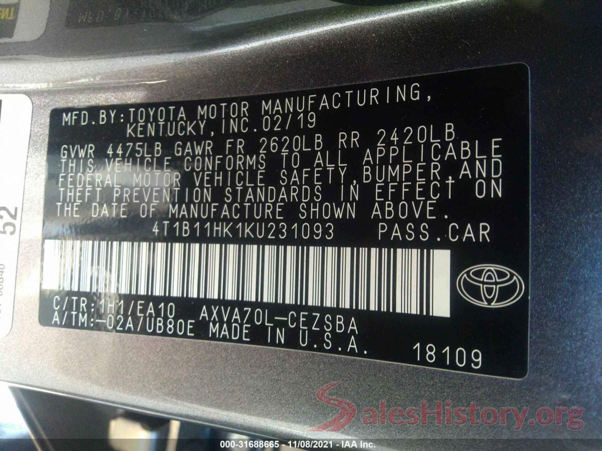 4T1B11HK1KU231093 2019 TOYOTA CAMRY