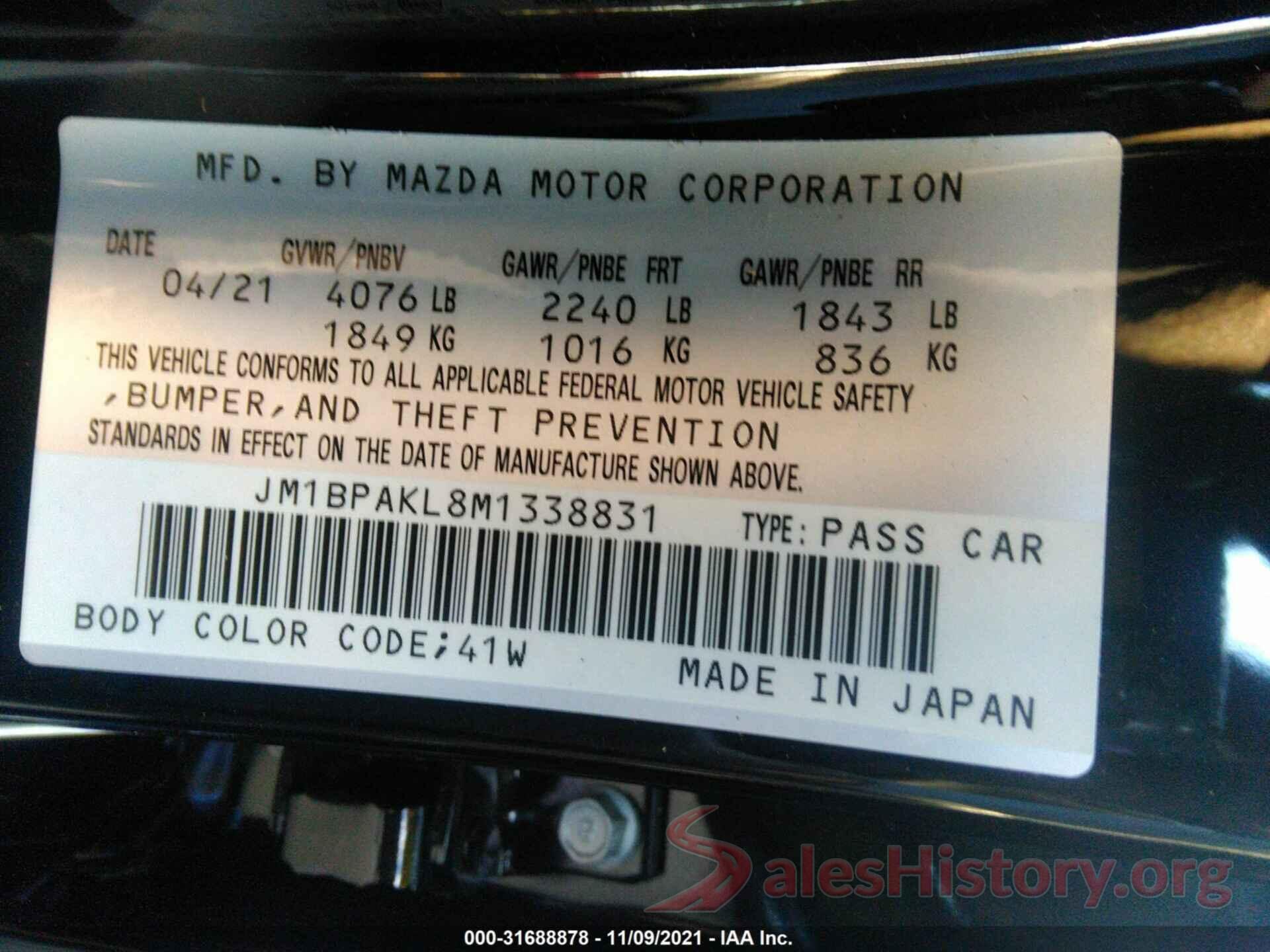 JM1BPAKL8M1338831 2021 MAZDA MAZDA3 HATCHBACK