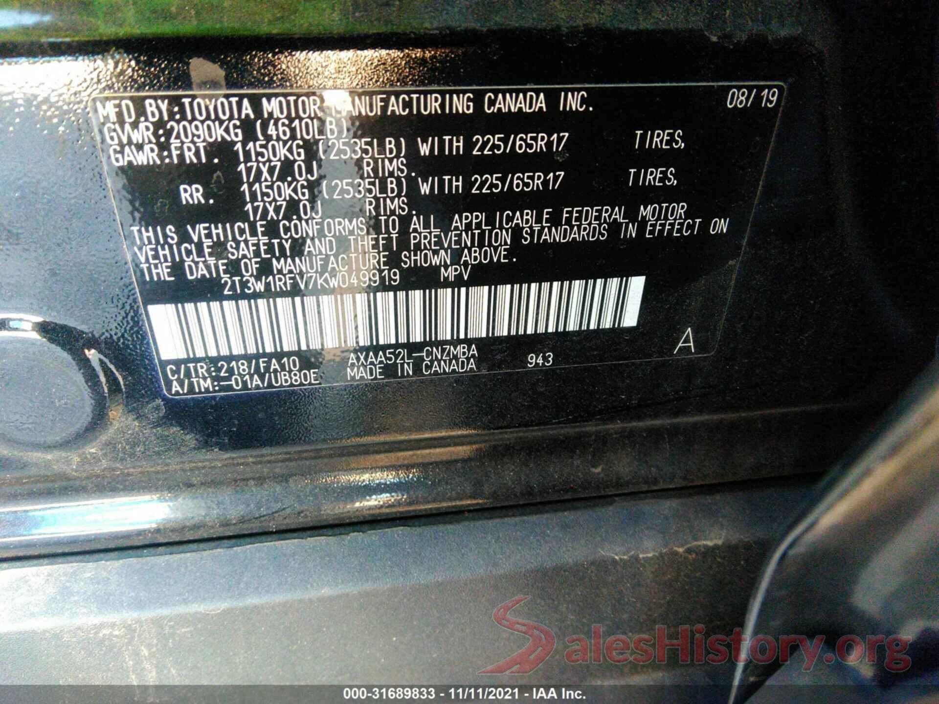 2T3W1RFV7KW049919 2019 TOYOTA RAV4