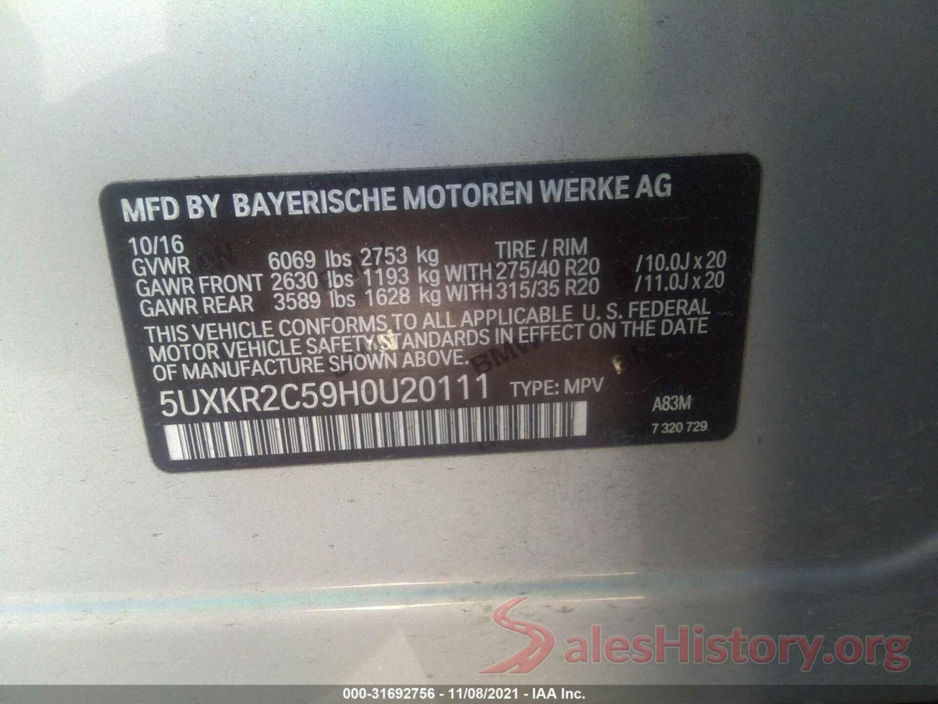 5UXKR2C59H0U20111 2017 BMW X5