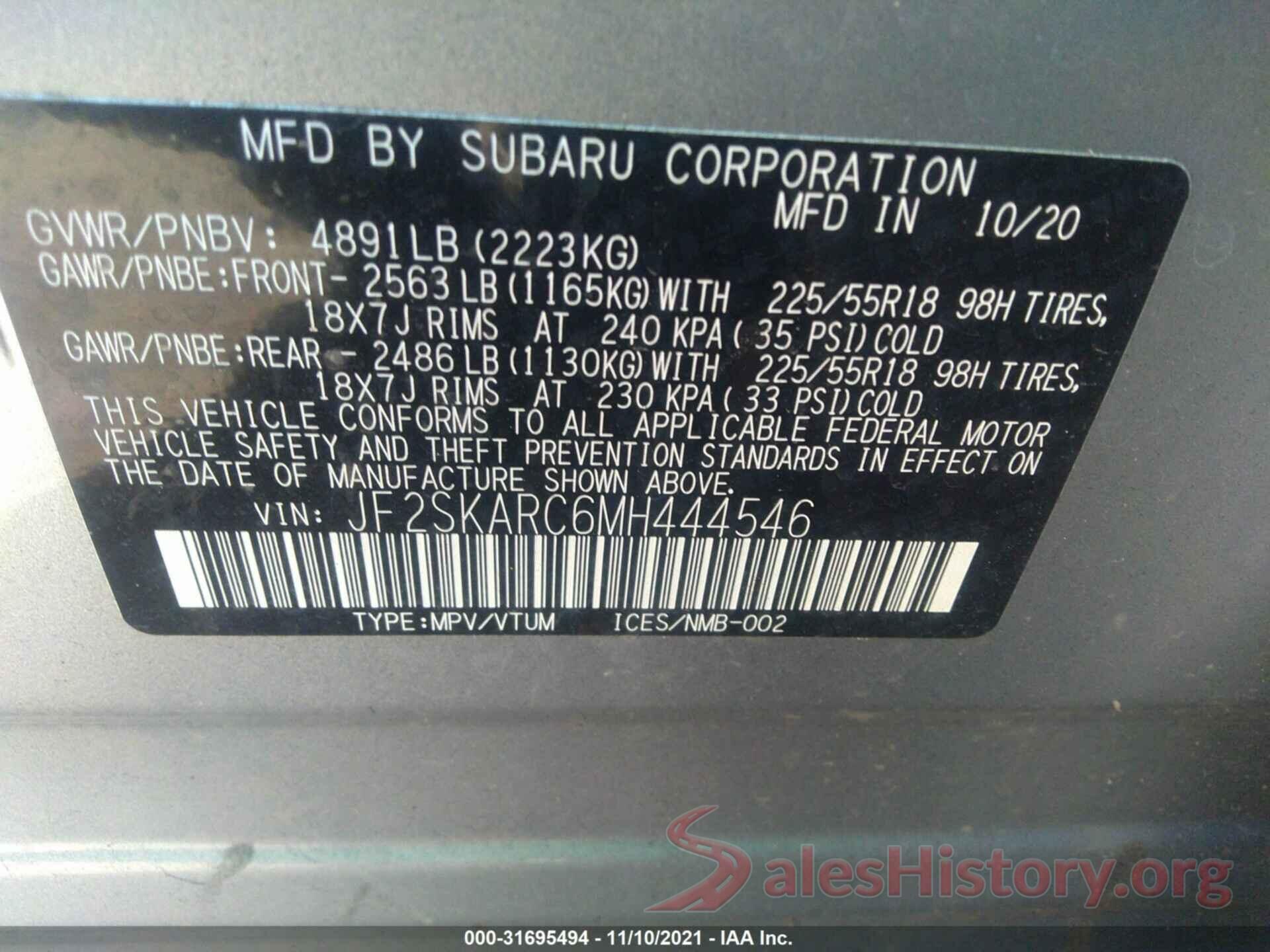 JF2SKARC6MH444546 2021 SUBARU FORESTER