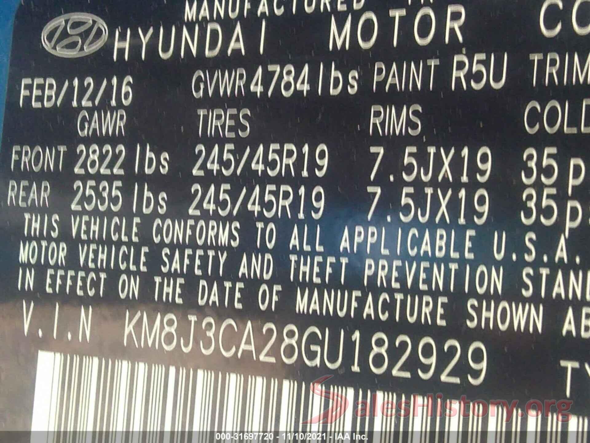 KM8J3CA28GU182929 2016 HYUNDAI TUCSON