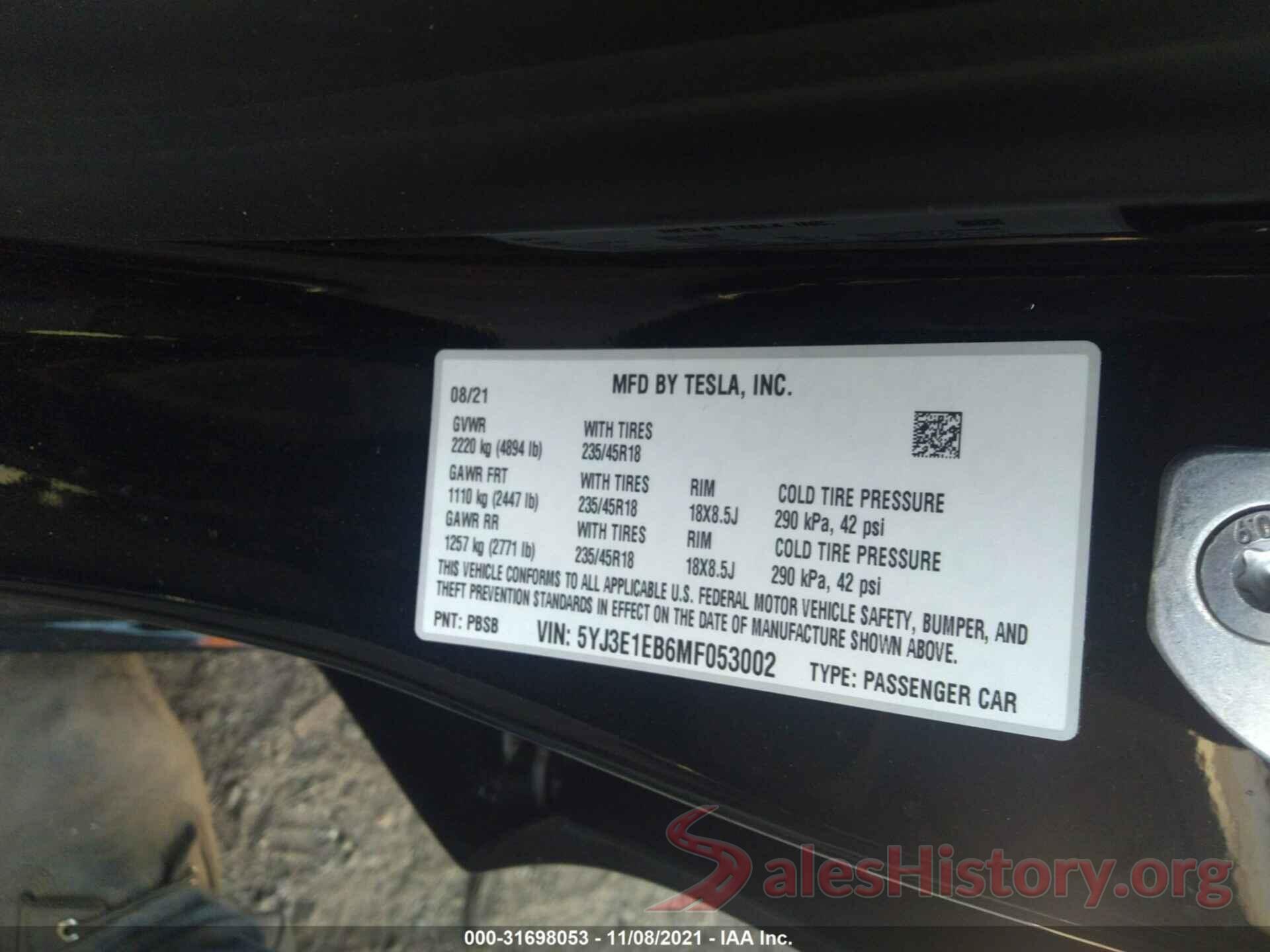 5YJ3E1EB6MF053002 2021 TESLA MODEL 3