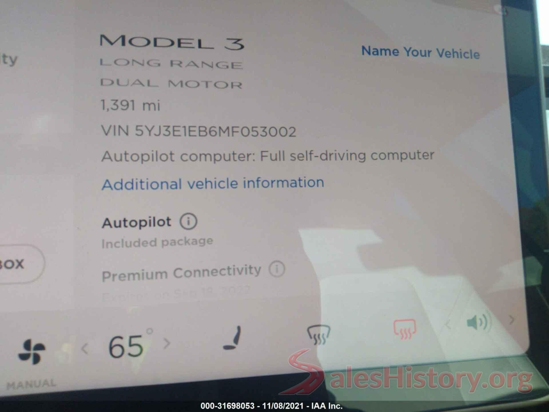 5YJ3E1EB6MF053002 2021 TESLA MODEL 3