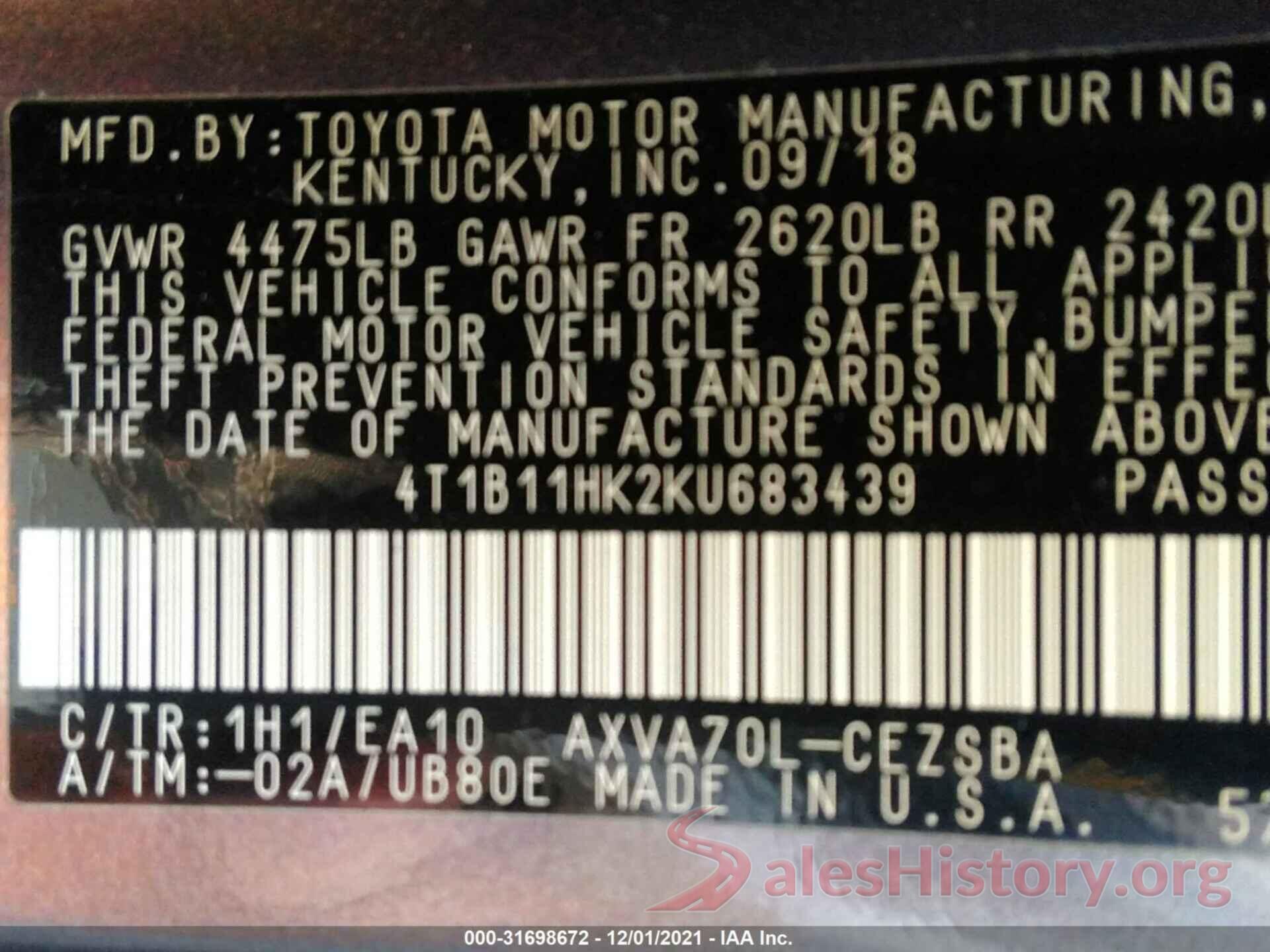 4T1B11HK2KU683439 2019 TOYOTA CAMRY