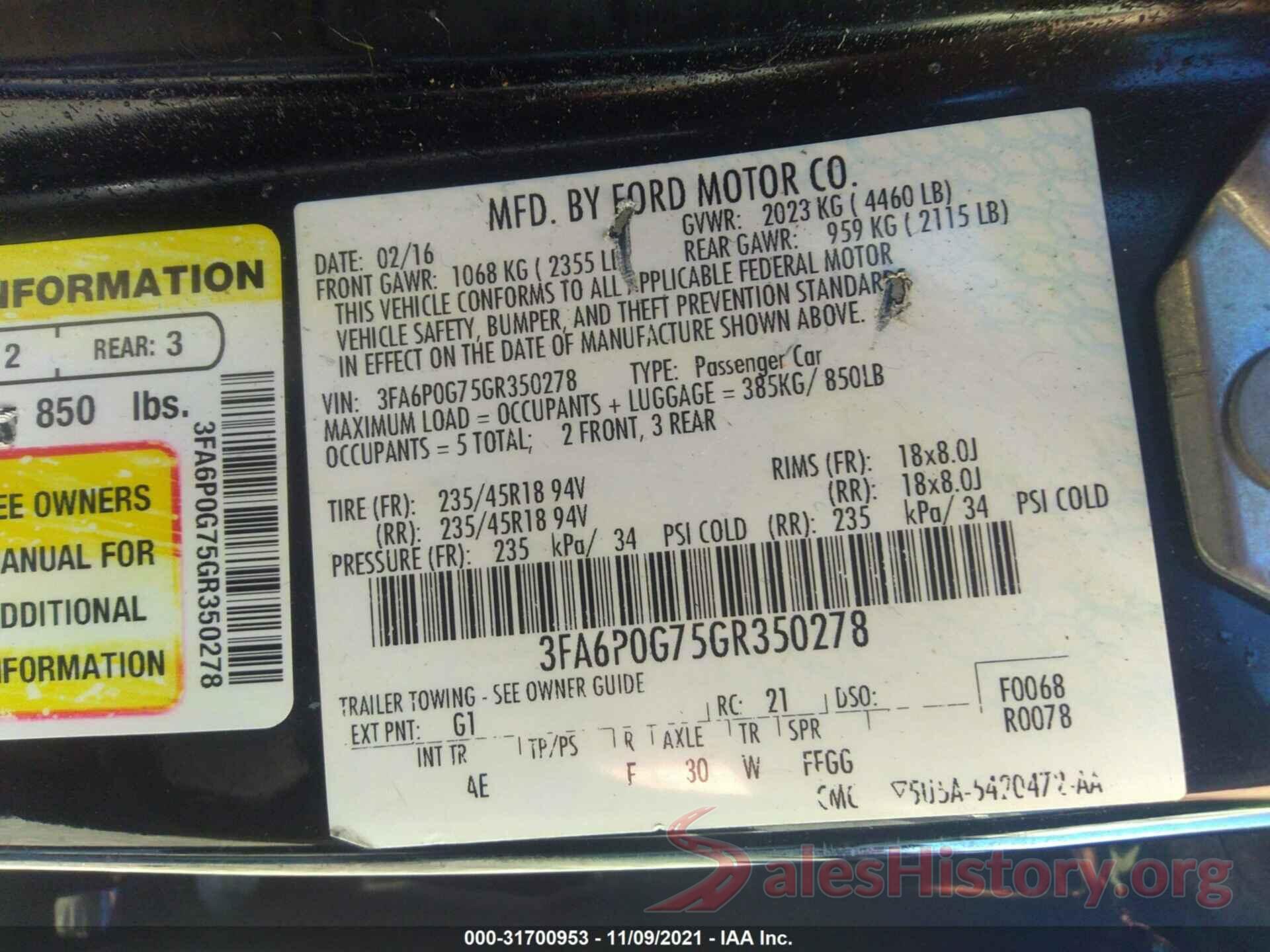 3FA6P0G75GR350278 2016 FORD FUSION