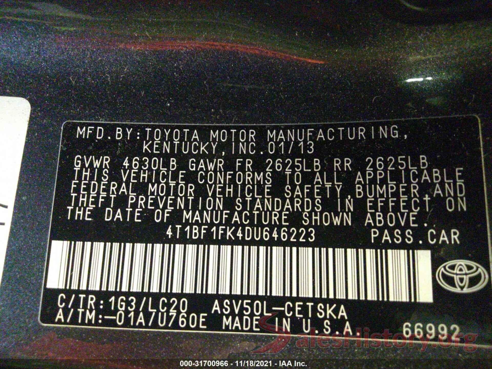 4T1BF1FK4DU646223 2013 TOYOTA CAMRY