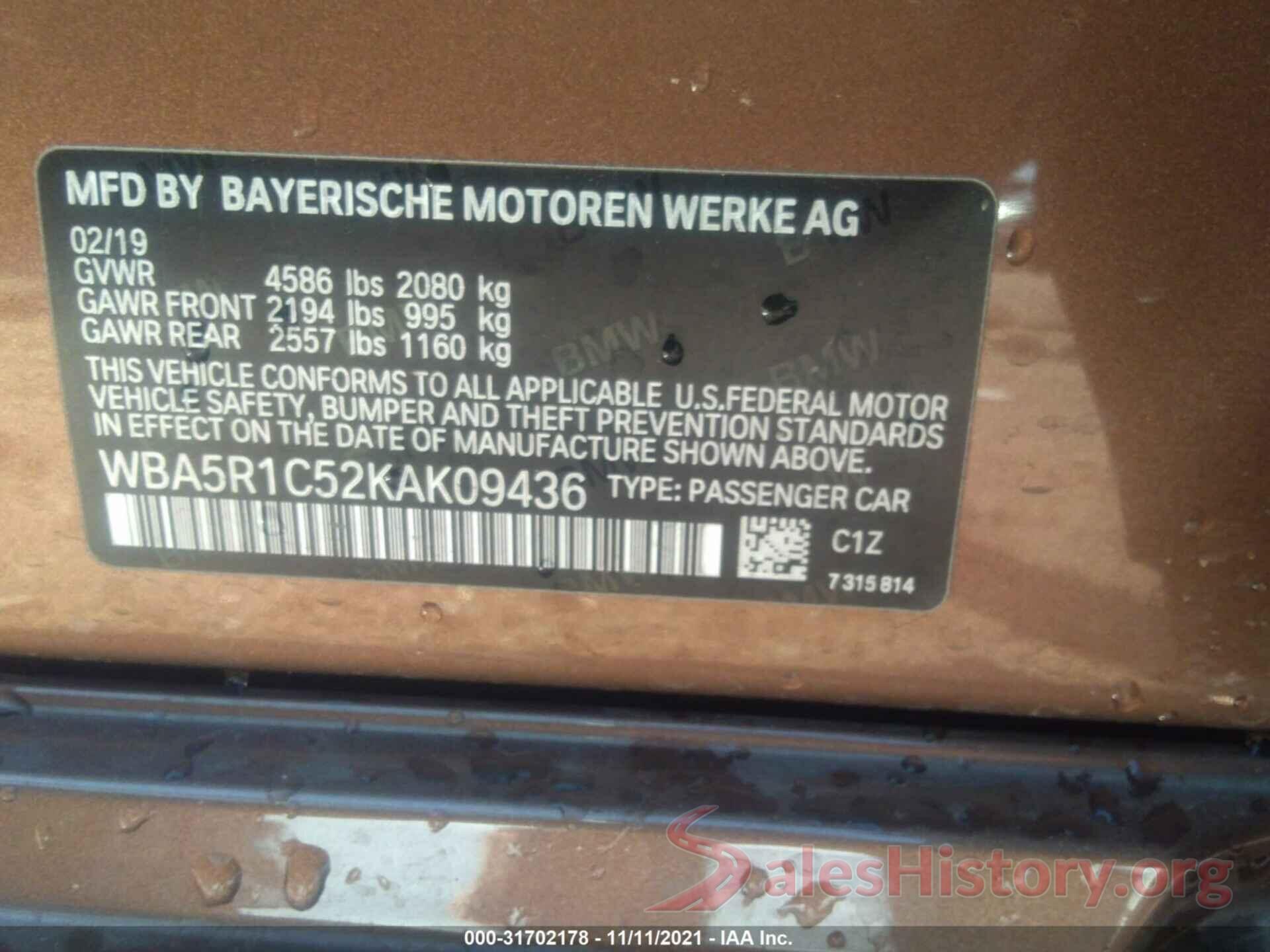 WBA5R1C52KAK09436 2019 BMW 3 SERIES