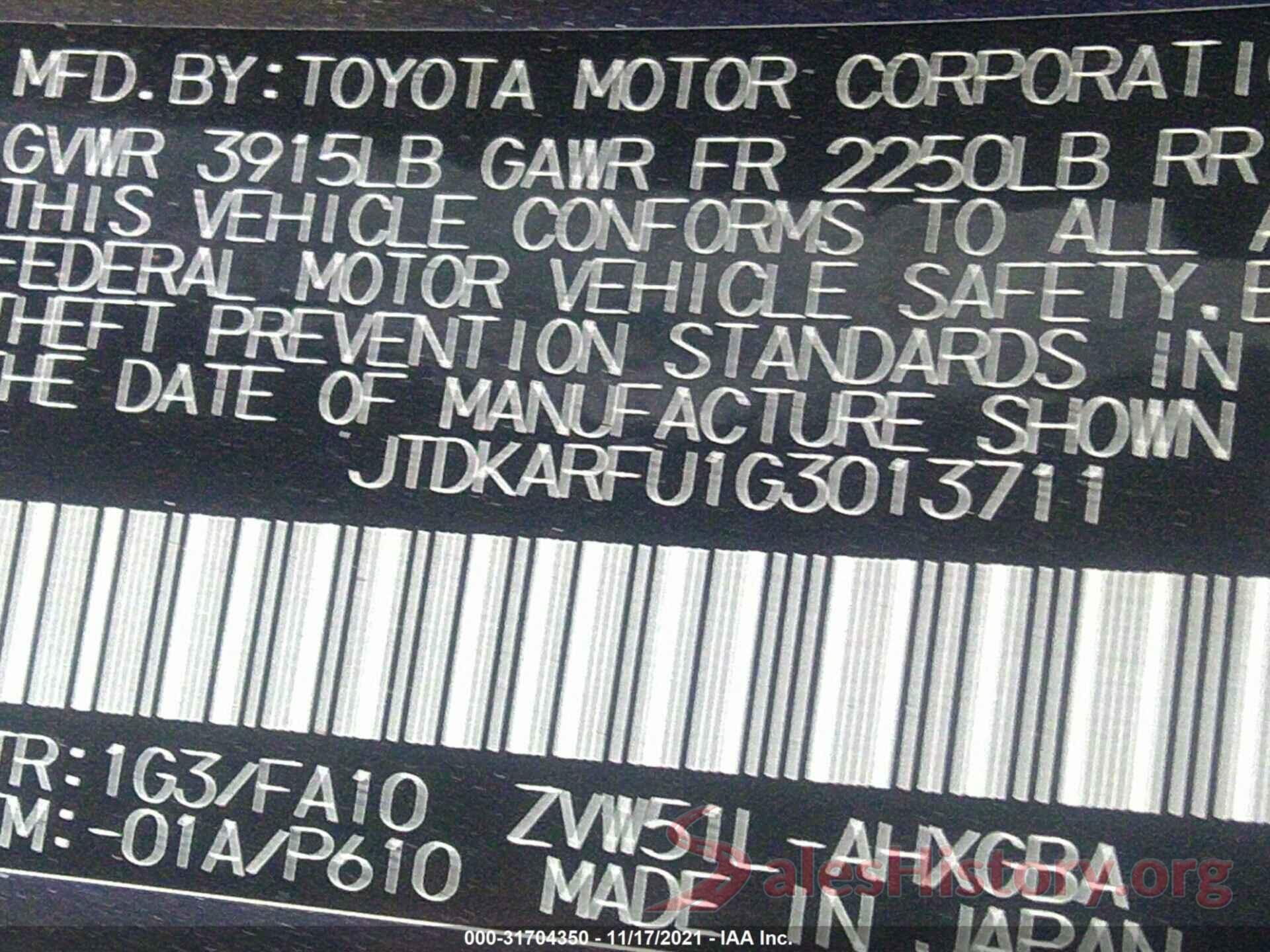 JTDKARFU1G3013711 2016 TOYOTA PRIUS