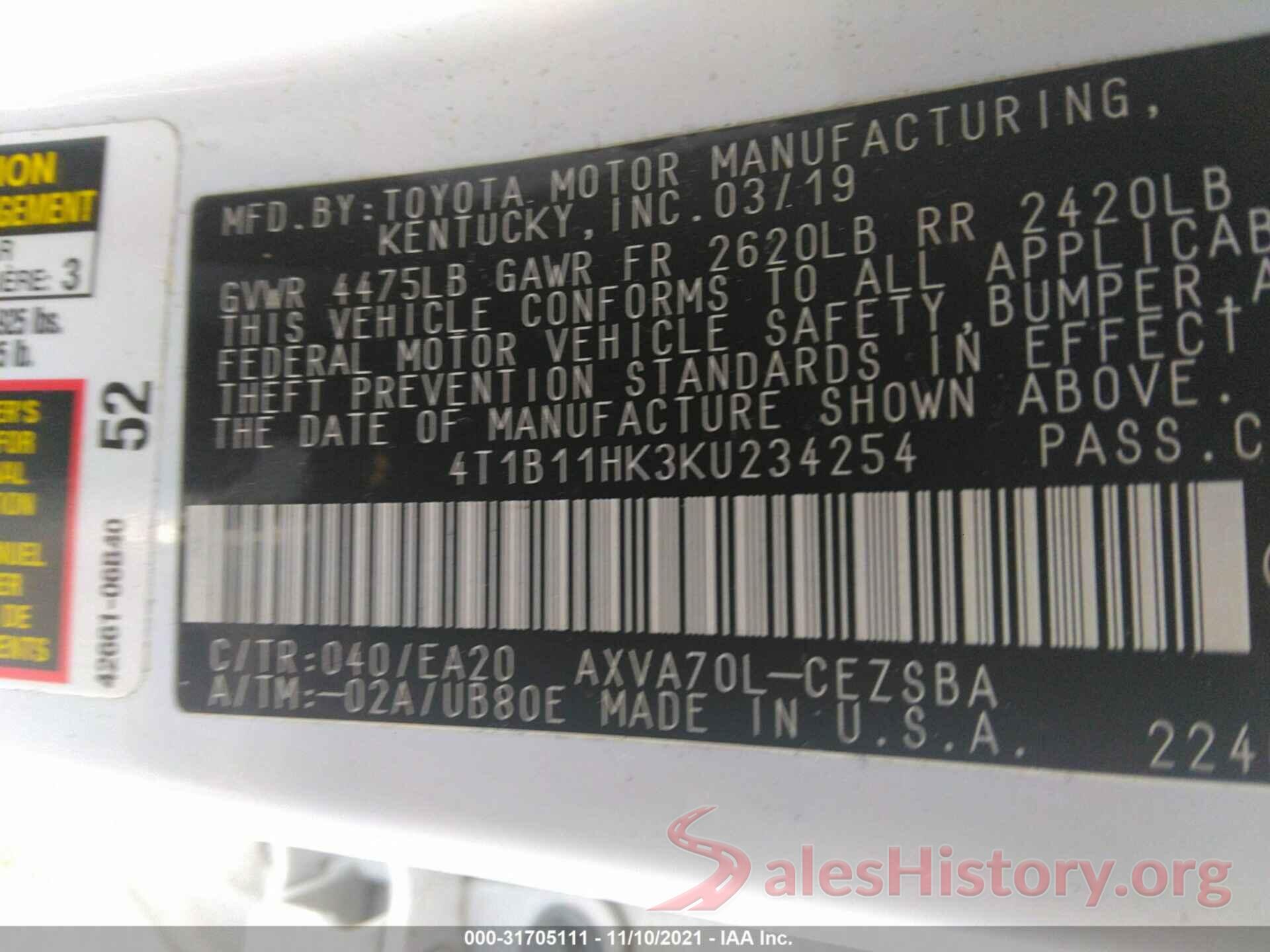 4T1B11HK3KU234254 2019 TOYOTA CAMRY