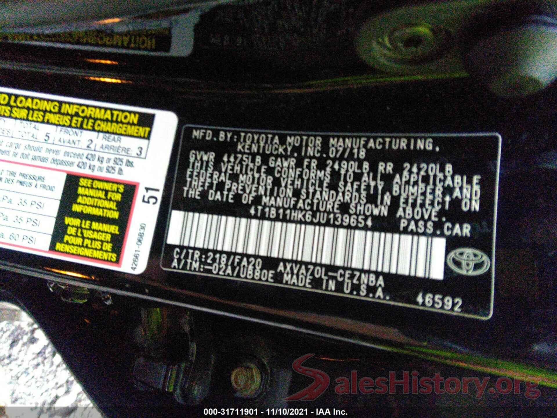 4T1B11HK6JU139654 2018 TOYOTA CAMRY